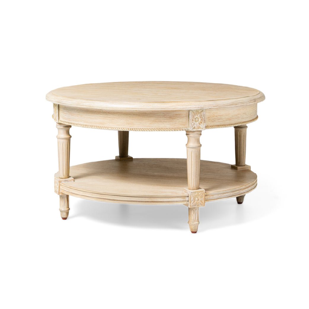 Pullman Traditional Round Wooden Coffee Table in Antiqued White Finish in Accent Tables by Maven Lane