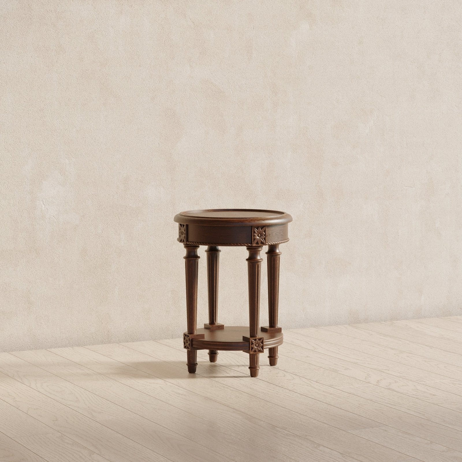 Pullman Traditional Round Wooden Side Table in Antiqued Brown Finish in Accent Tables by Maven Lane