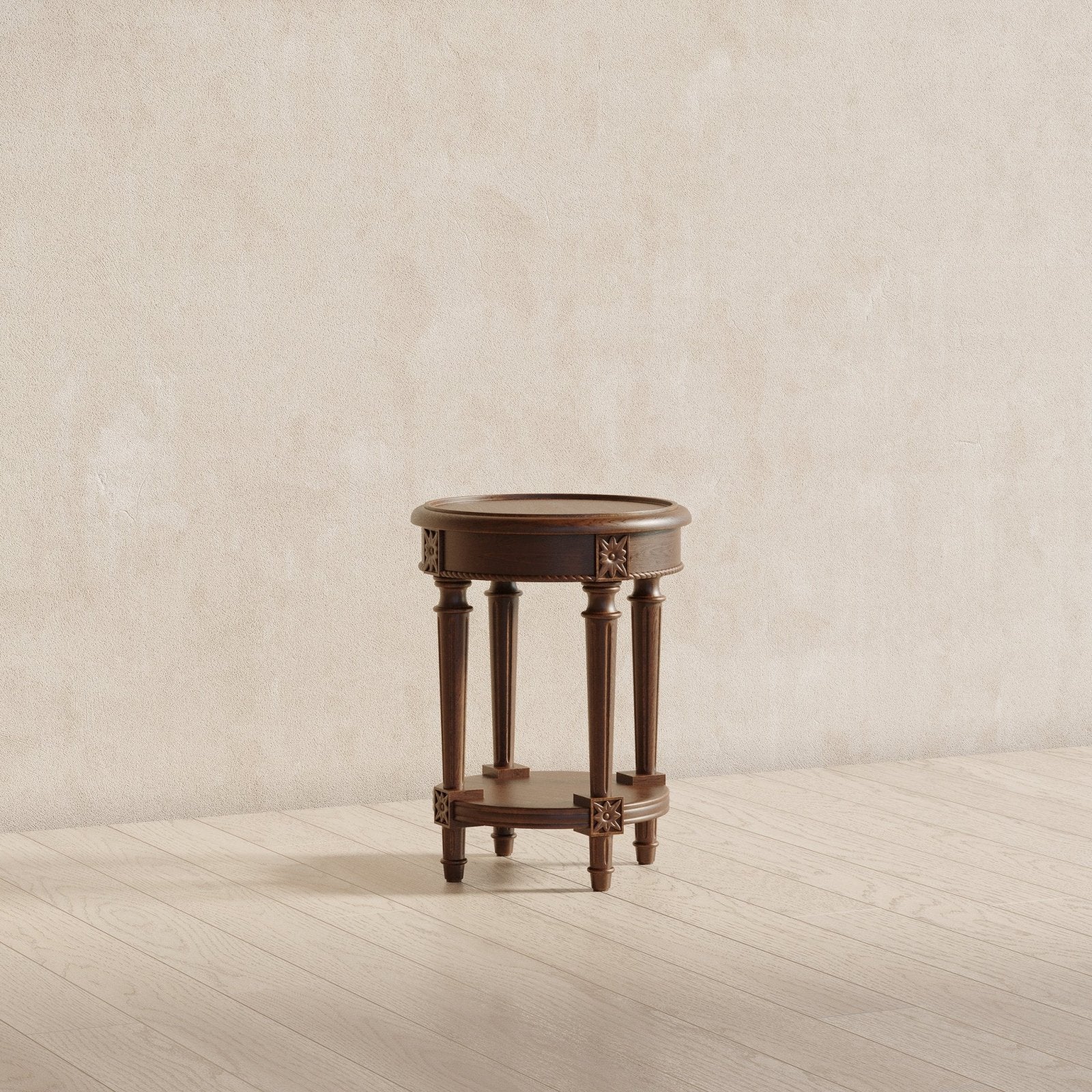 Pullman Traditional Round Wooden Side Table in Antiqued Brown Finish