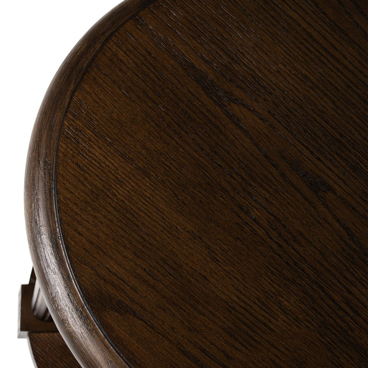 Pullman Traditional Round Wooden Side Table in Antiqued Brown Finish in Accent Tables by Maven Lane