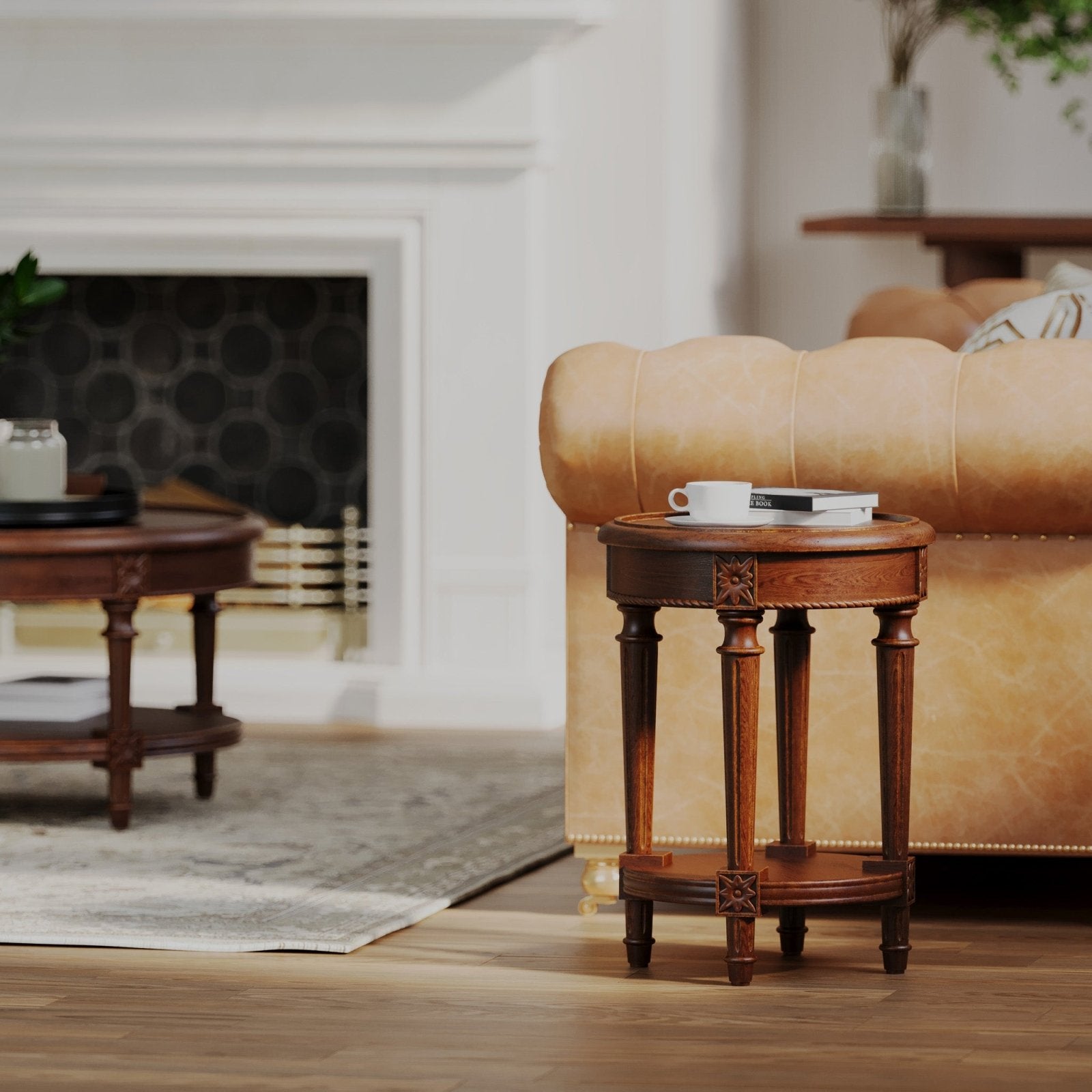 Pullman Traditional Round Wooden Side Table in Antiqued Brown Finish in Accent Tables by Maven Lane