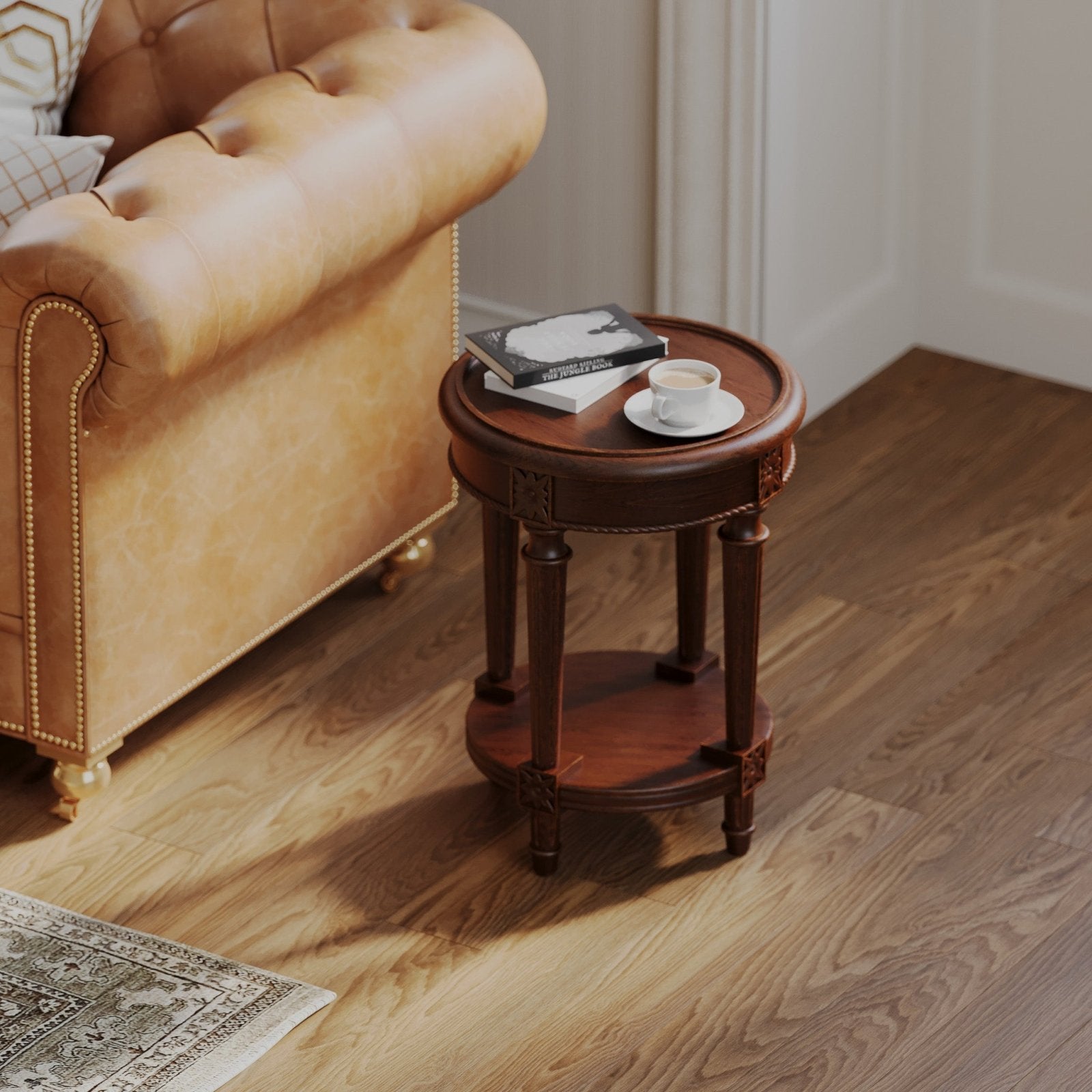 Pullman Traditional Round Wooden Side Table in Antiqued Brown Finish