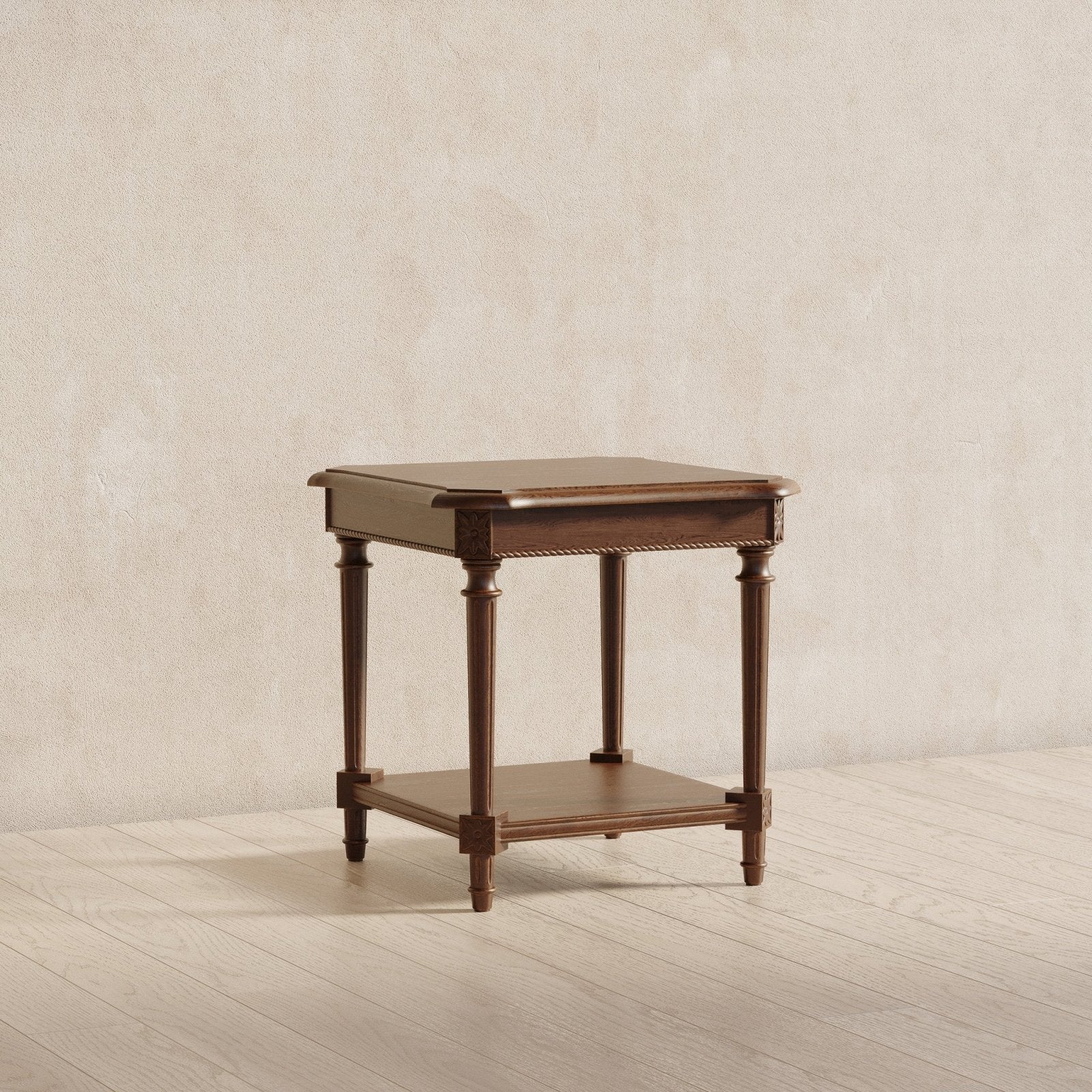 Pullman Traditional Square Wooden Side Table in Antiqued Brown Finish in Accent Tables by Maven Lane