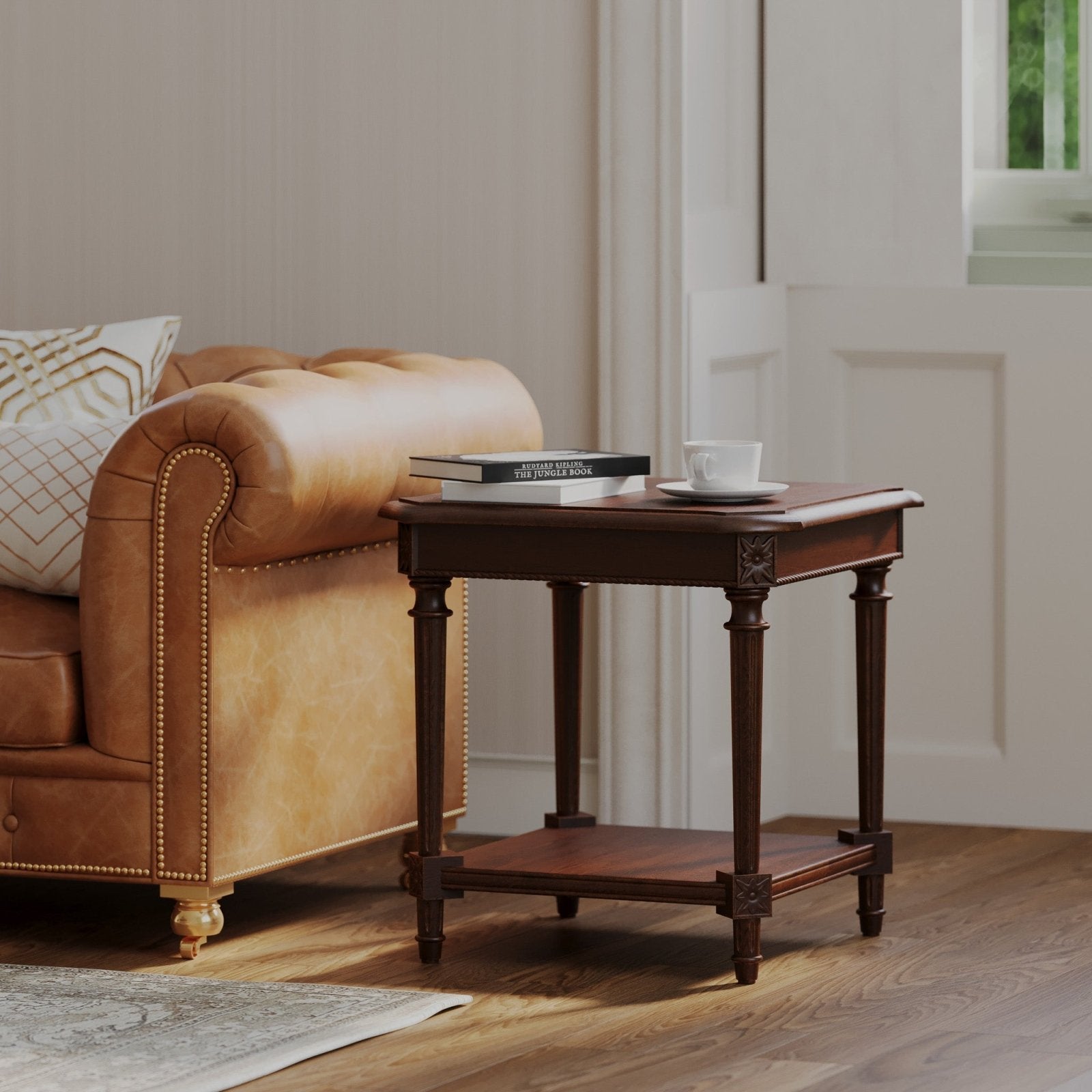 Pullman Traditional Square Wooden Side Table in Antiqued Brown Finish in Accent Tables by Maven Lane