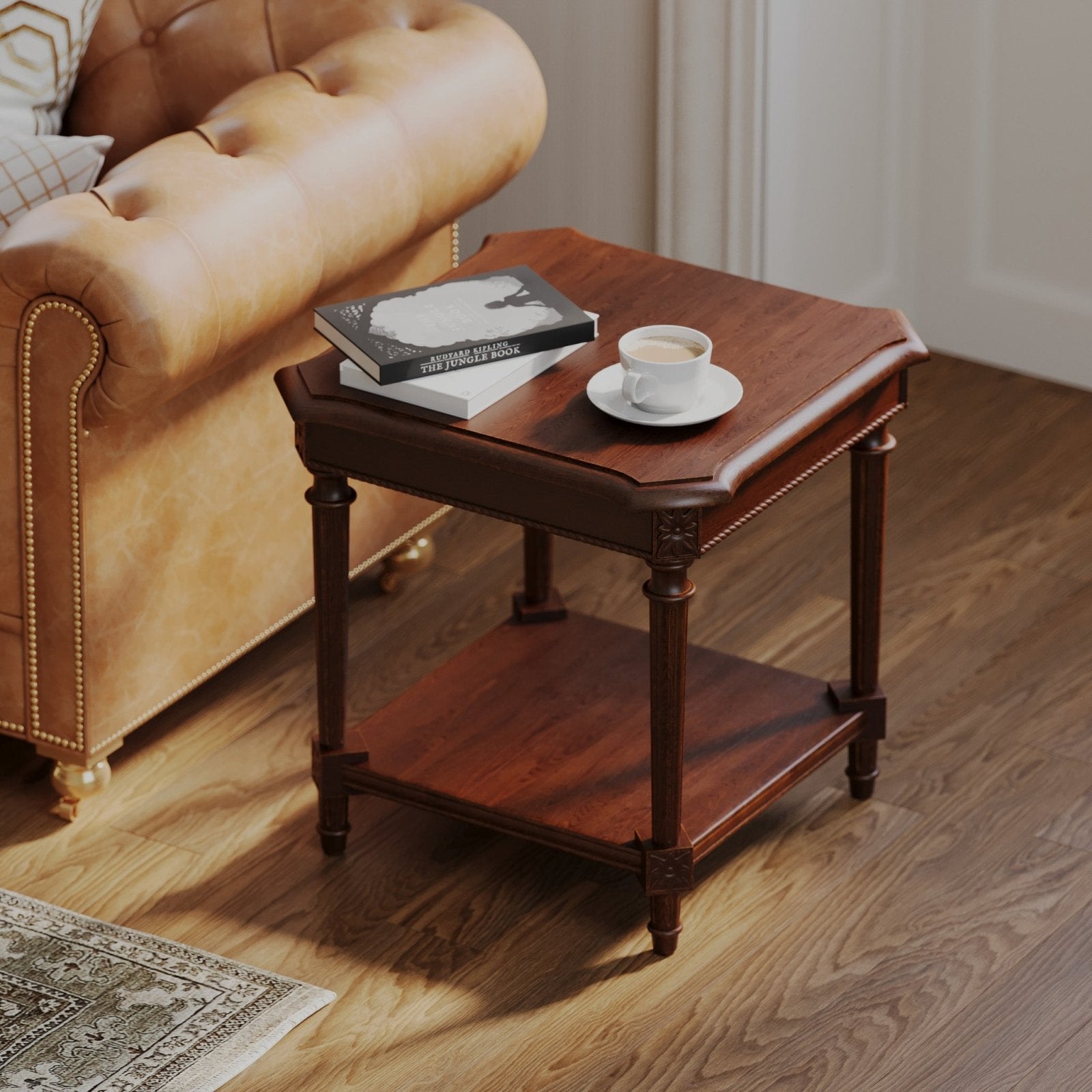 Pullman Traditional Square Wooden Side Table in Antiqued Brown Finish in Accent Tables by Maven Lane