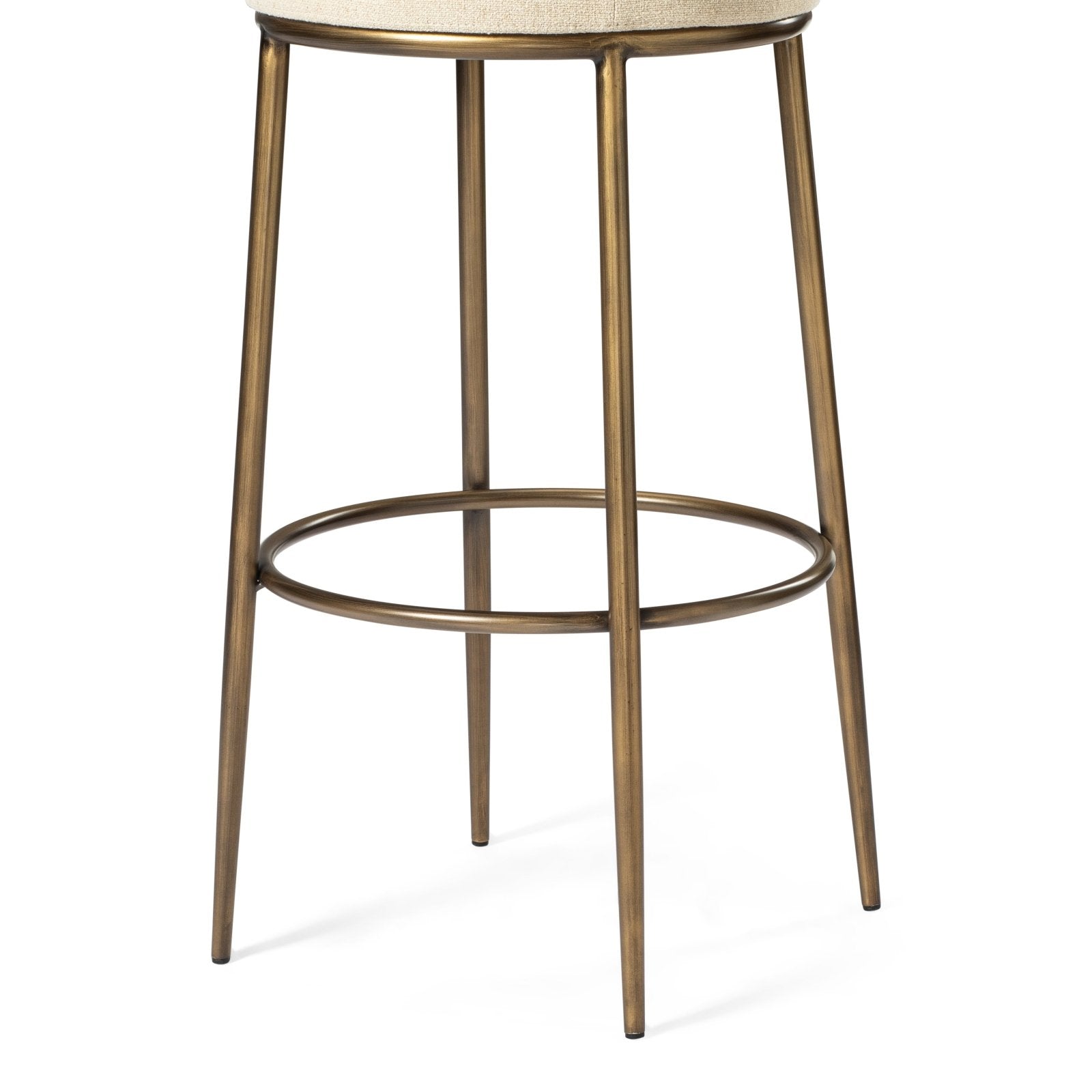 Stella Counter Stool In Antique Brass Finish With Light Beige Fabric Upholstery in Stools by Maven Lane