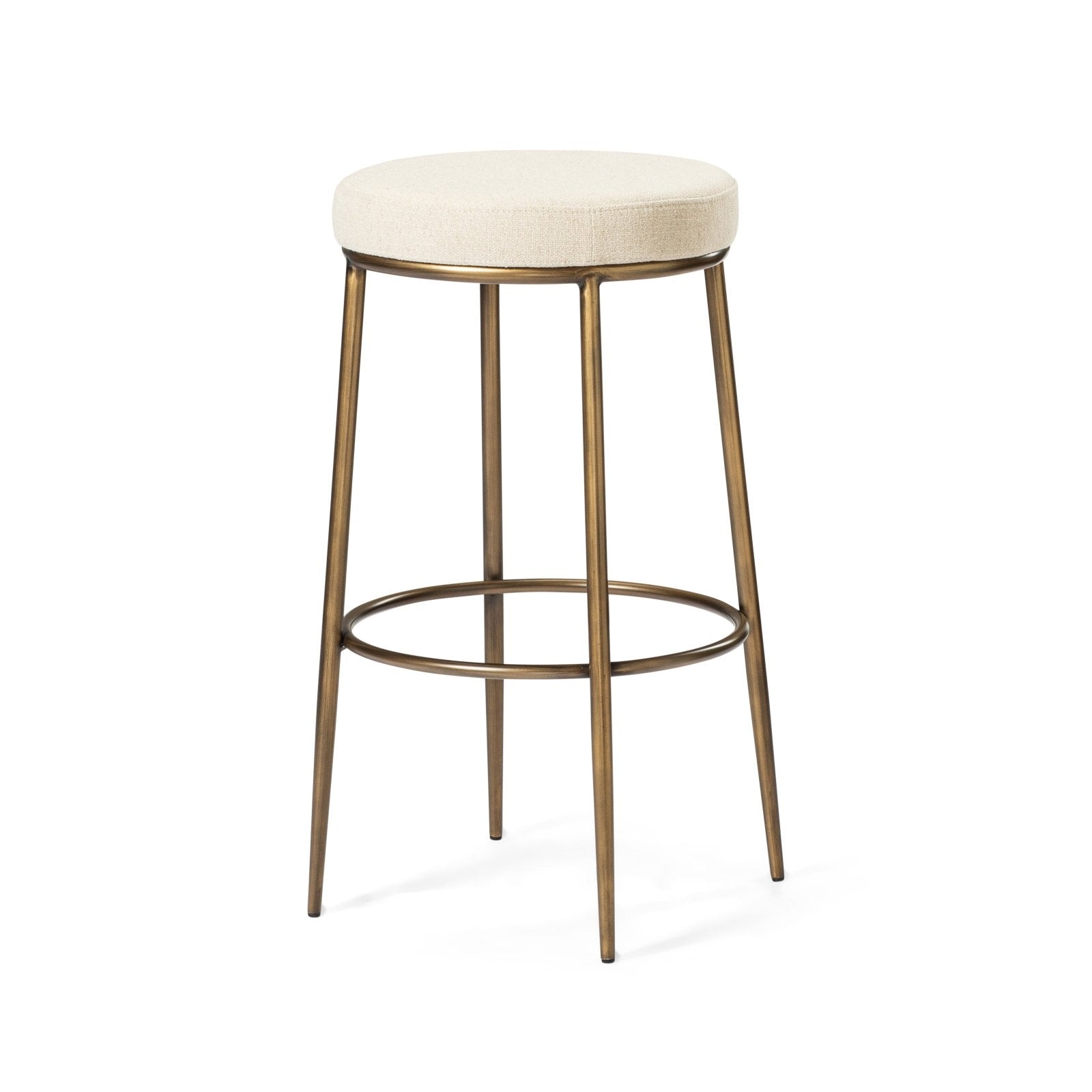 Stella Counter Stool In Antique Brass Finish With Light Beige Fabric Upholstery in Stools by Maven Lane