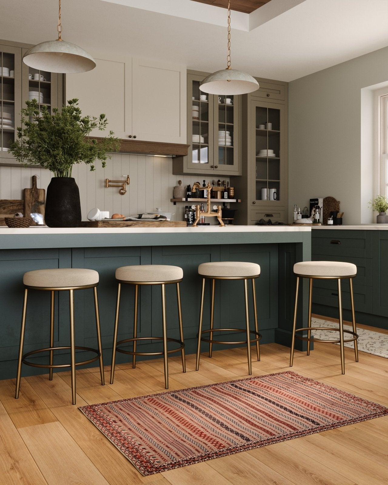 26" Stella Counter Stool in Antique Brass Finish with Light Beige Fabric Upholstery in Stools by Maven Lane