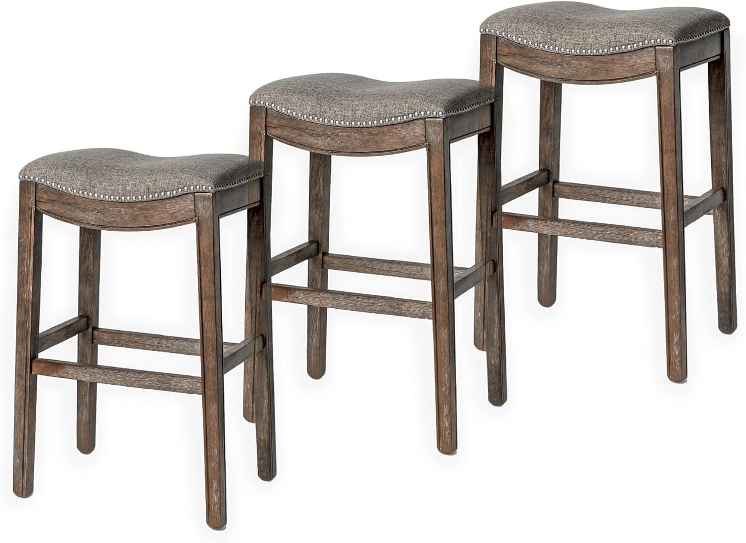 31" Adrien Saddle Bar Stool in Brown Finish with Grey Fabric (Set of 3) in Stools by Maven Lane