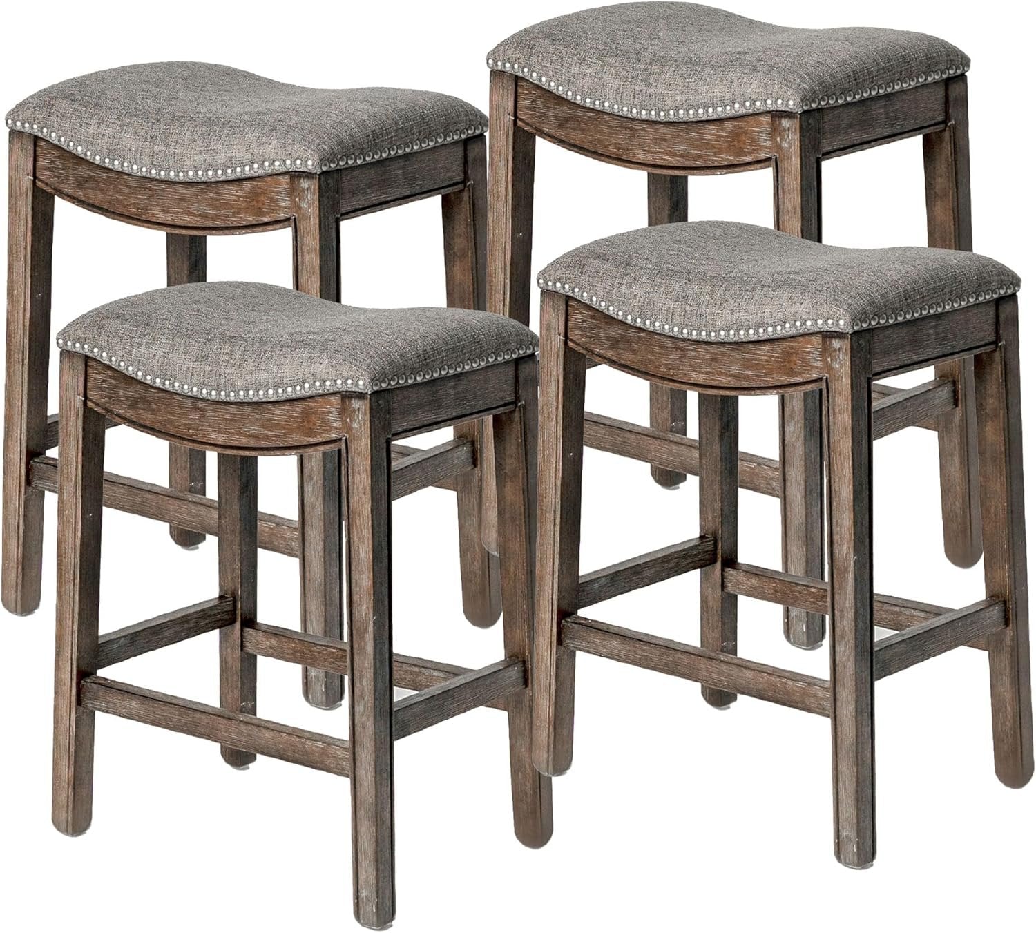 26" Adrien Saddle Counter Stool in Brown Finish with Grey Fabric (Set of 4) in Stools by Maven Lane