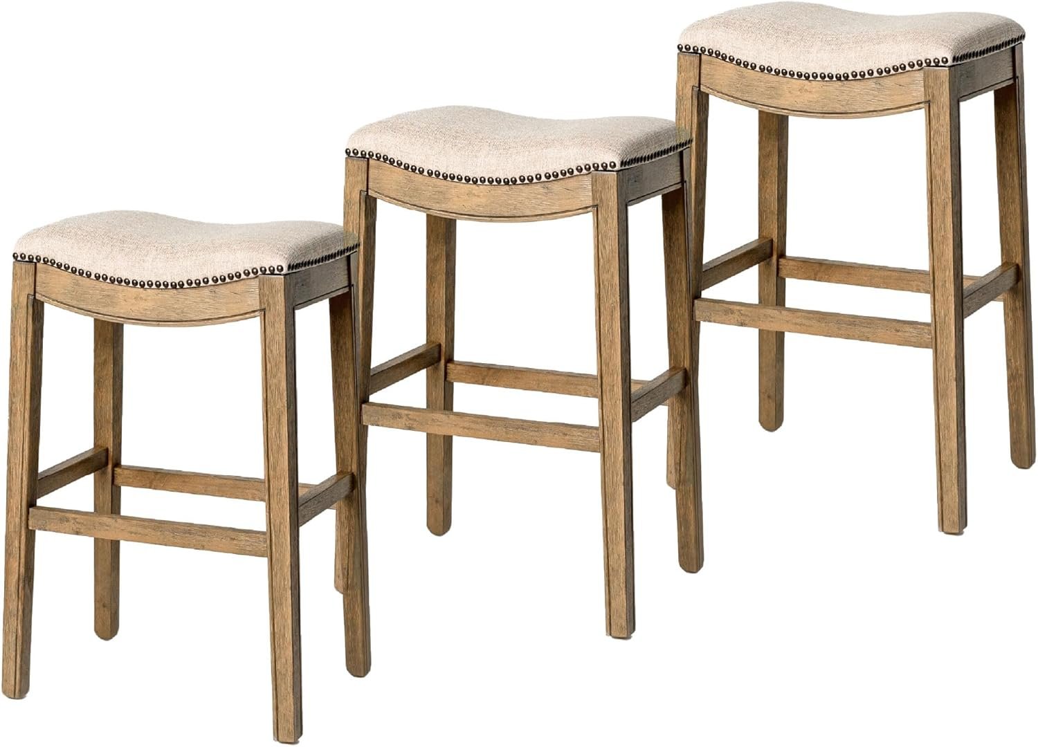 31" Adrien Saddle Bar Stool in Light Brown Finish with Natural Fabric (Set of 3) in Stools by Maven Lane