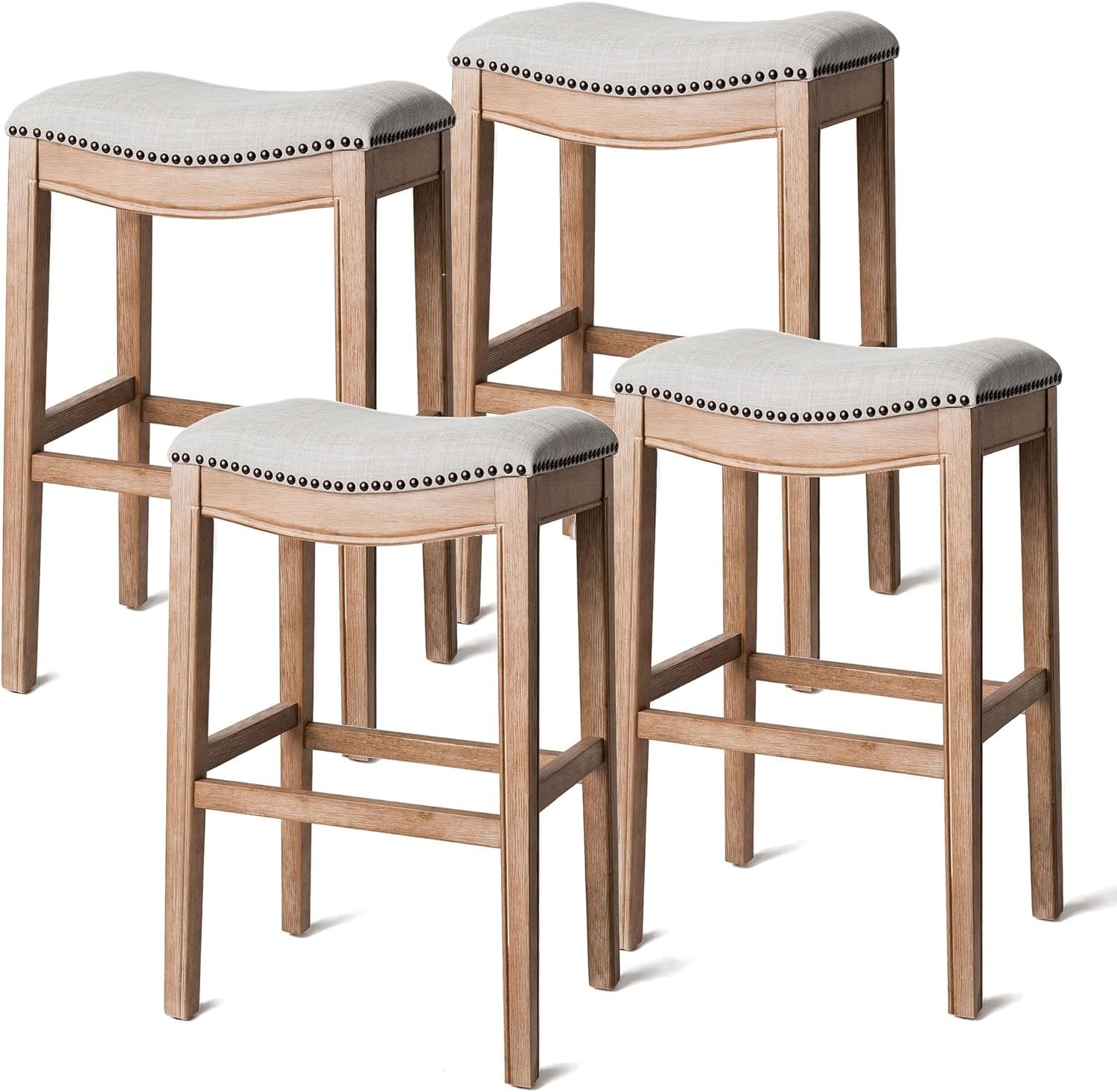 31" Adrien Saddle Bar Stool in Natural Finish with Light Grey Fabric (Set of 4) in Stools by Maven Lane