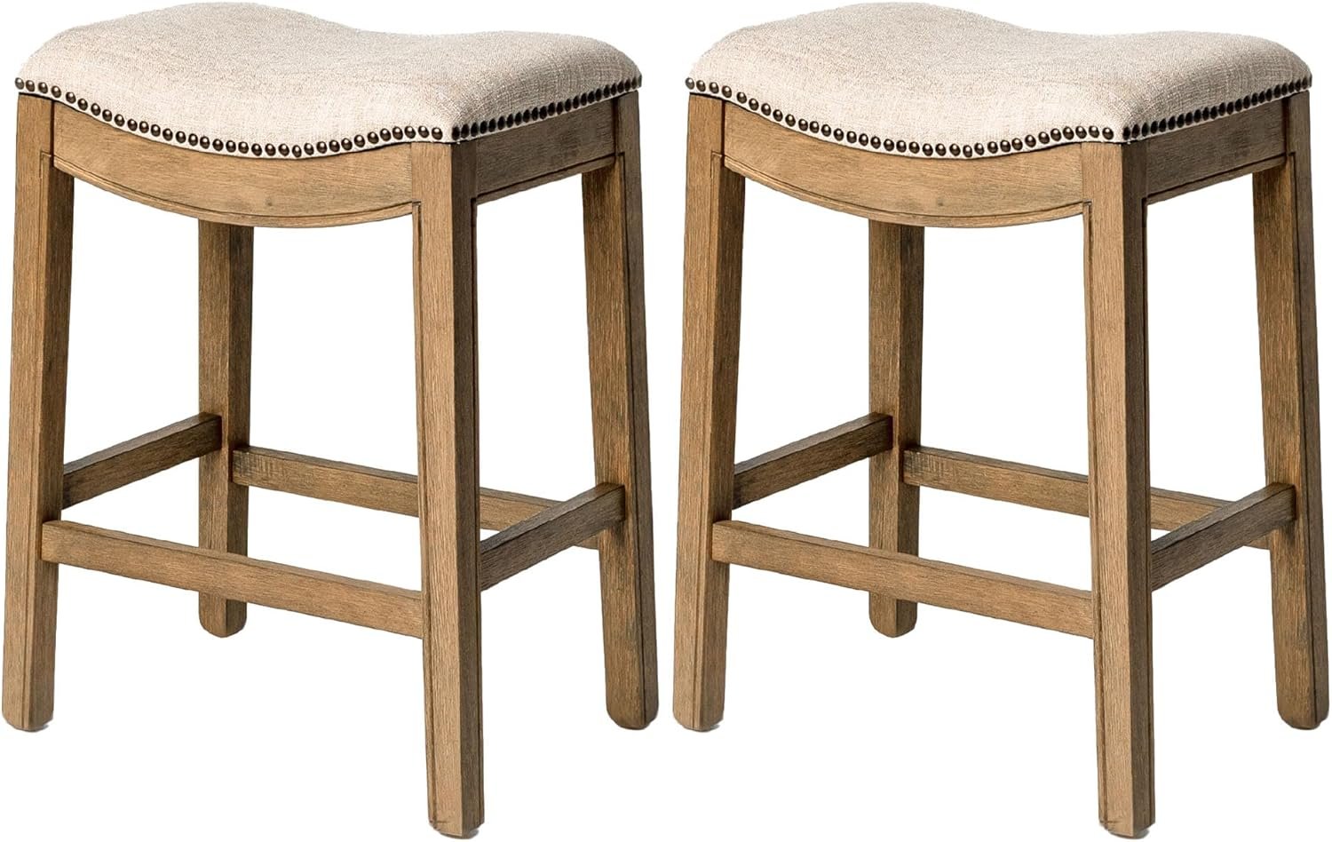 26" Adrien Saddle Counter Stool in Light Brown Finish with Natural Fabric (Set of 2) in Stools by Maven Lane