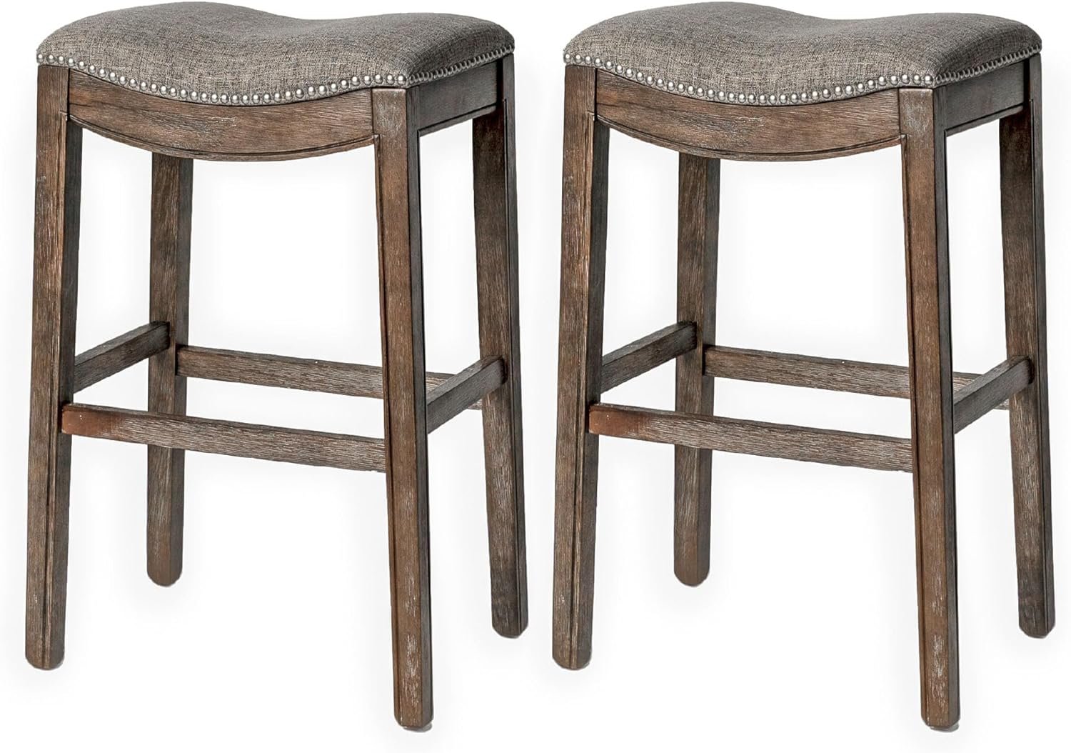 31" Adrien Saddle Bar Stool in Brown Finish with Grey Fabric (Set of 2) in Stools by Maven Lane