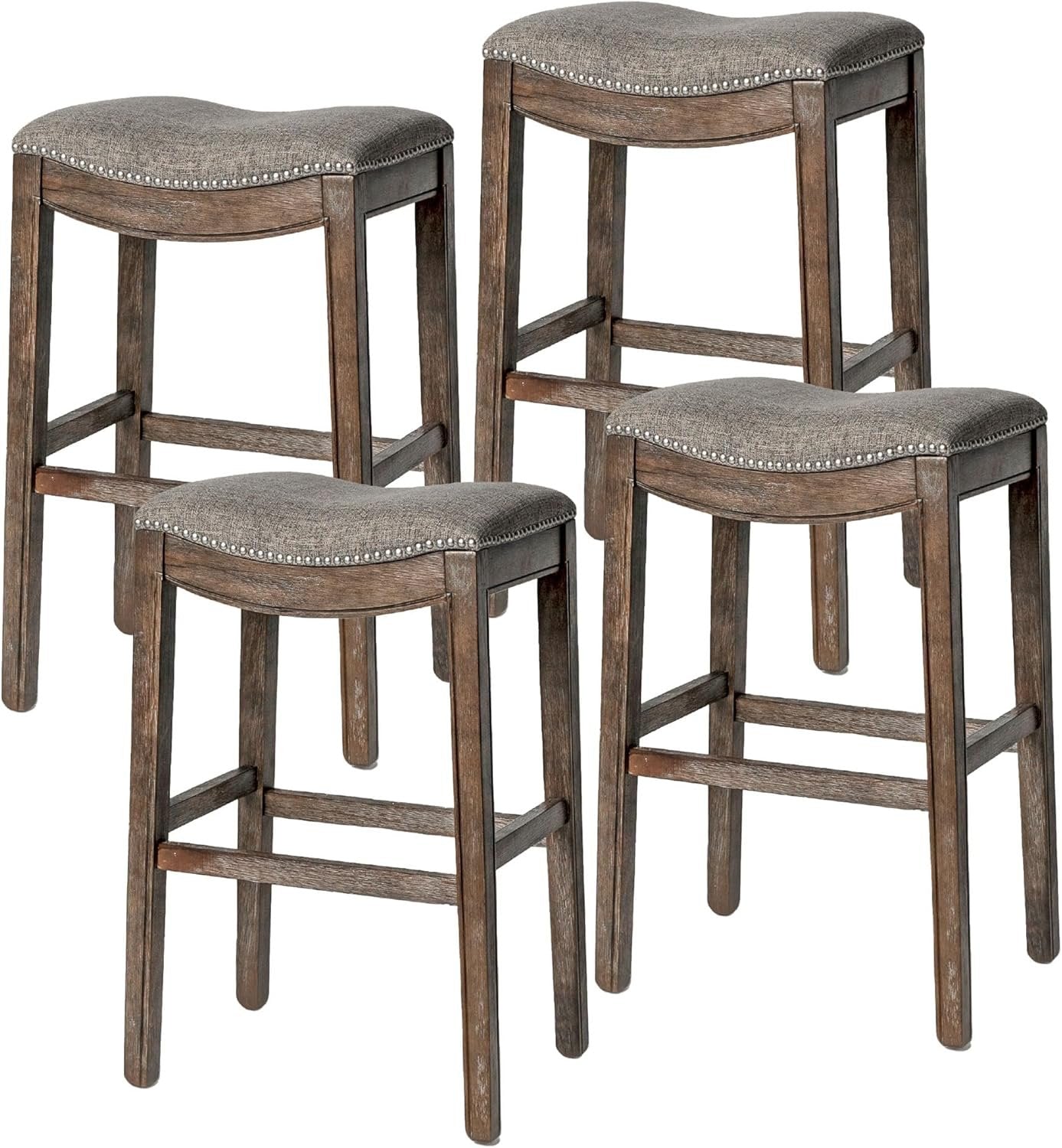 31" Adrien Saddle Bar Stool in Brown Finish with Grey Fabric (Set of 4) in Stools by Maven Lane