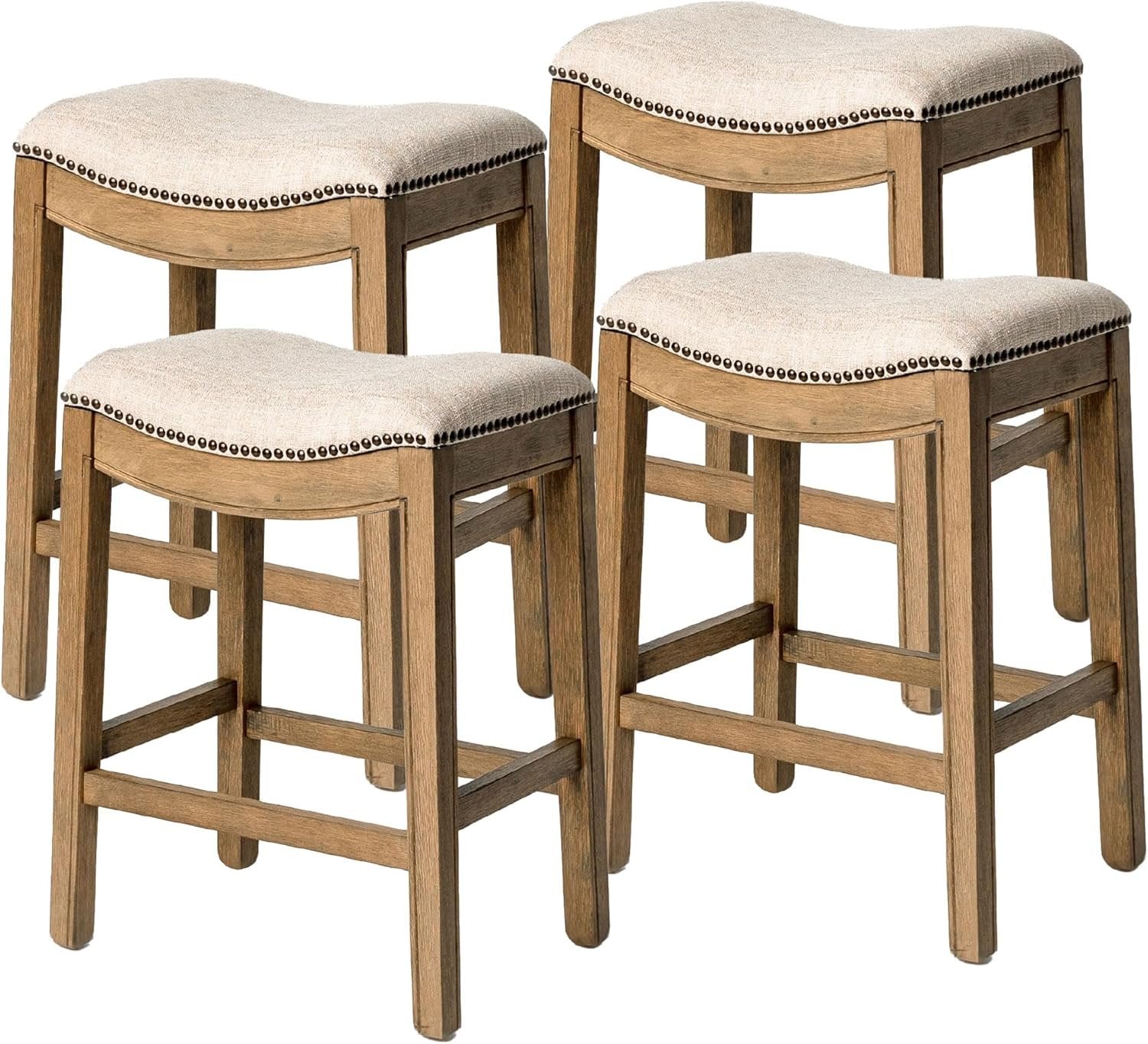 26" Adrien Saddle Counter Stool in Light Brown Finish with Natural Fabric (Set of 4) in Stools by Maven Lane
