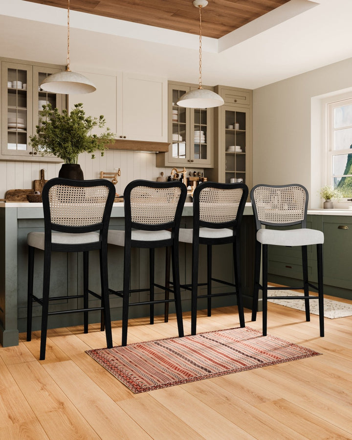 Vera Bar Stool In Aged Black With Snow White Upholstery in Stools by Maven Lane