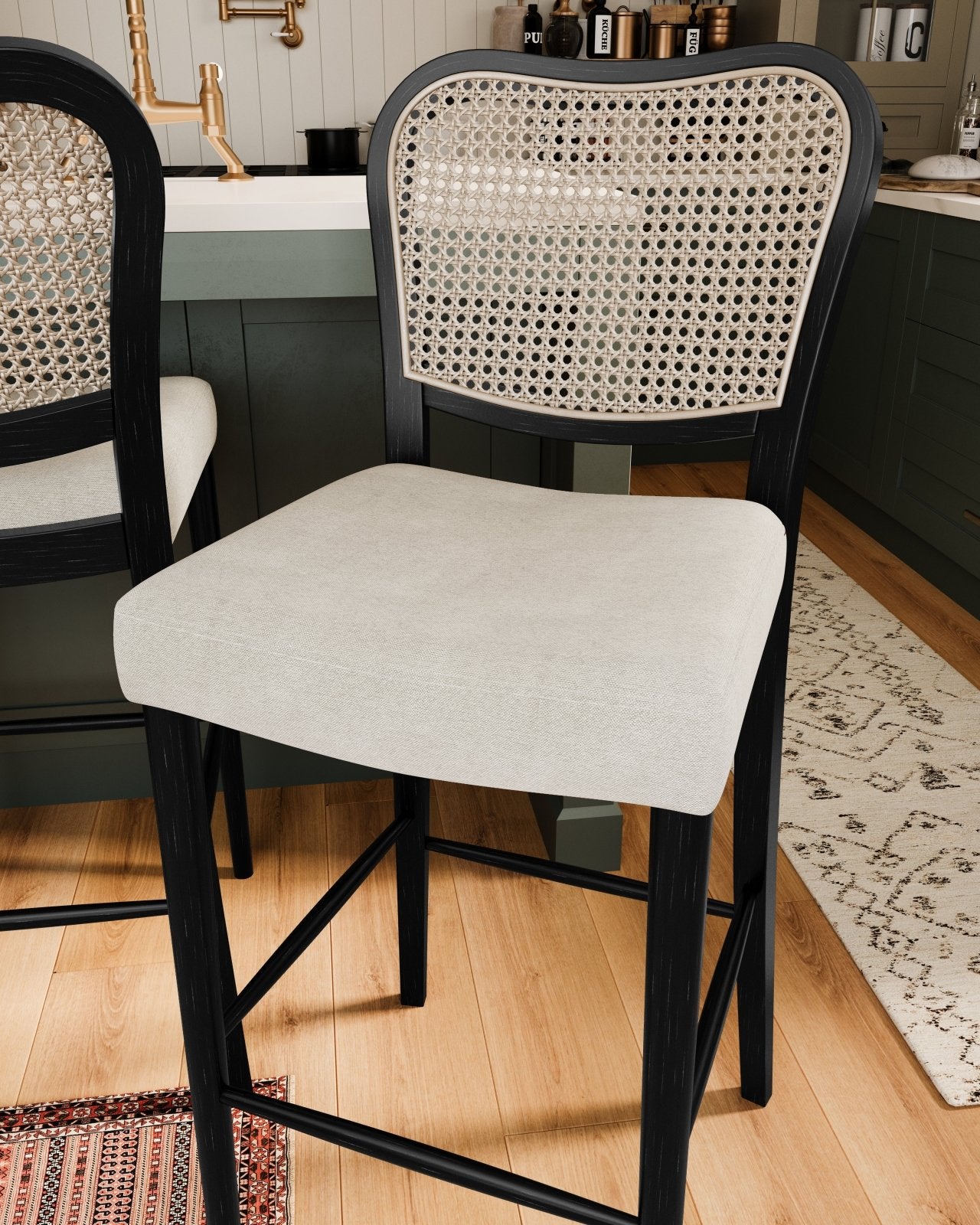 Vera Bar Stool In Aged Black With Snow White Upholstery in Stools by Maven Lane