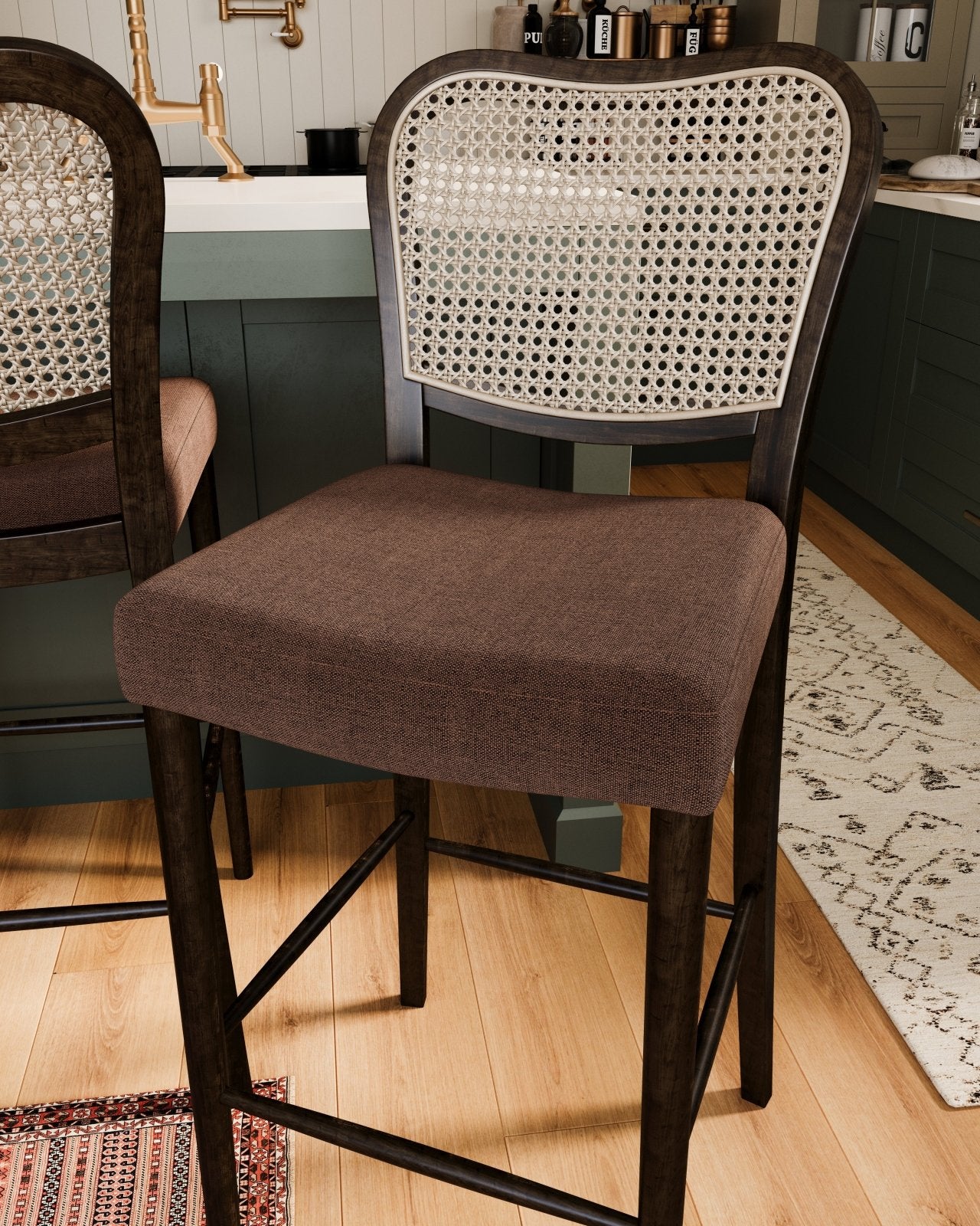 Vera Bar Stool In Aged Brown With Clay Brown Upholstery in Stools by Maven Lane