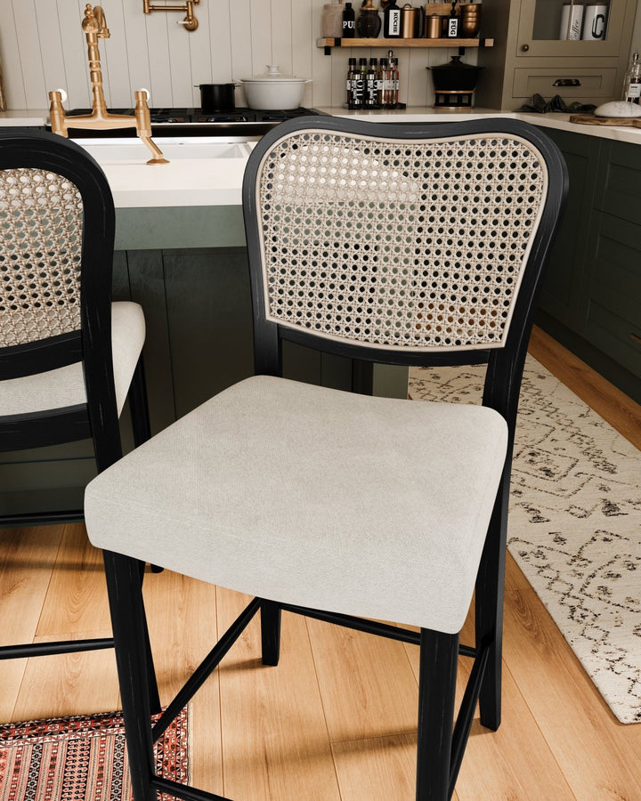 Vera Counter Stool In Aged Black With Snow White Upholstery in Stools by Maven Lane