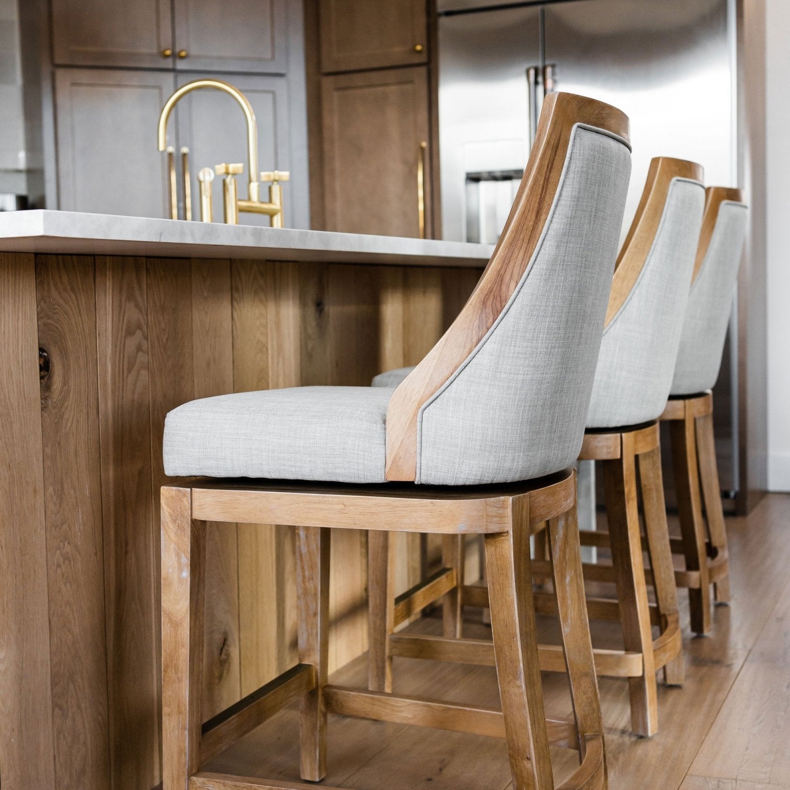 Vienna Bar Stool in Weathered Oak Finish with Sand Color Fabric Upholstery in Bar Stools by Maven Lane