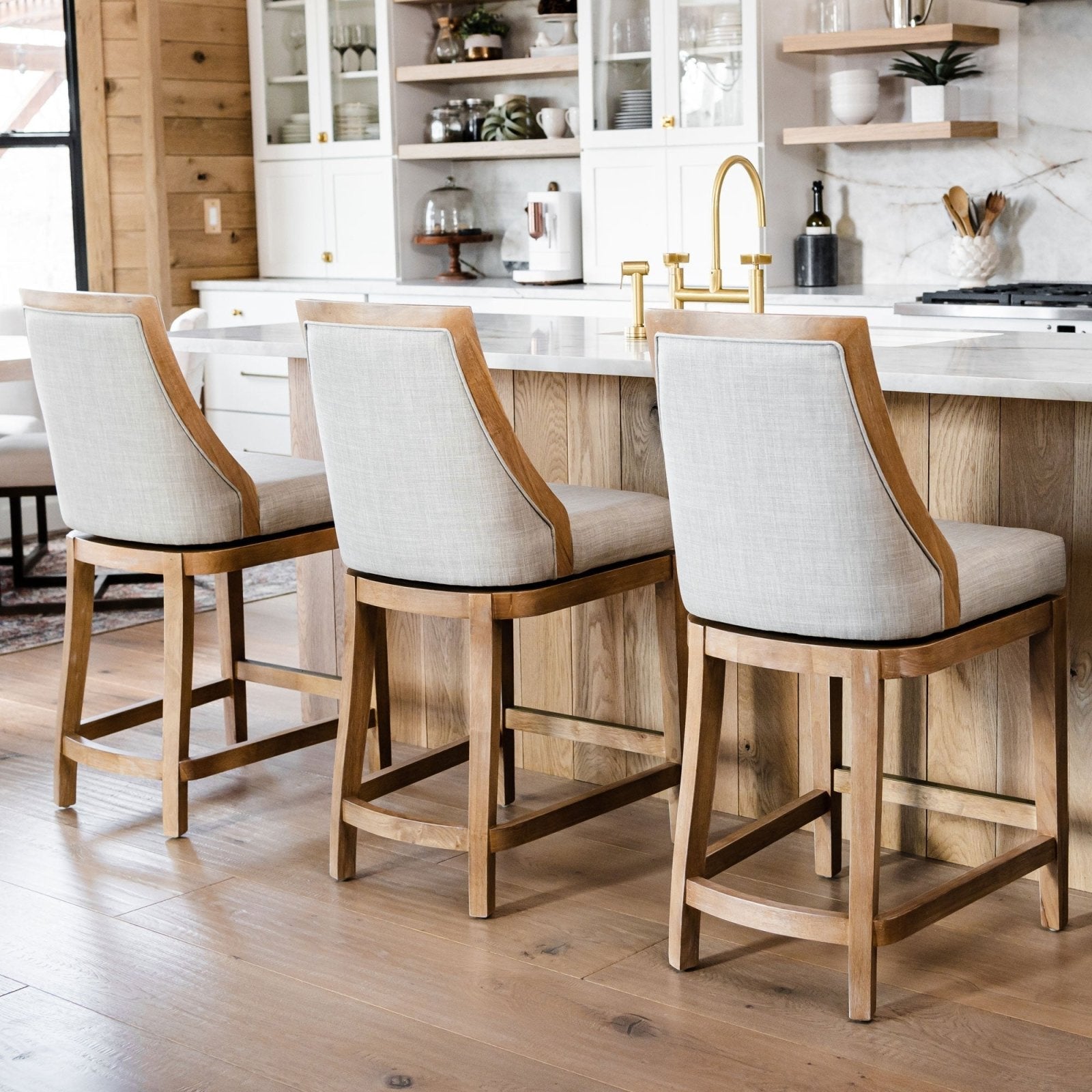 Vienna Bar Stool in Weathered Oak Finish with Sand Color Fabric Upholstery in Stools by Maven Lane