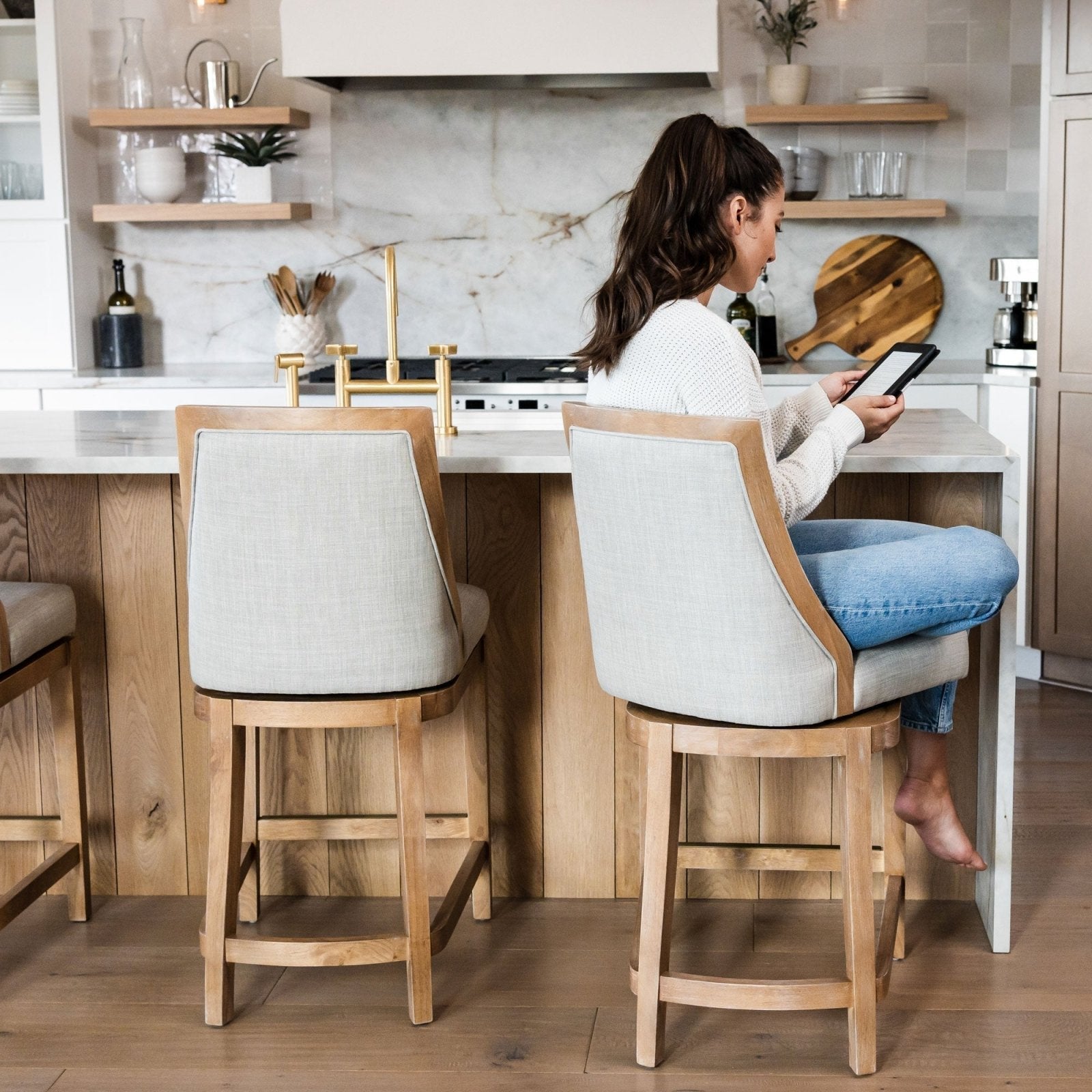 Vienna Bar Stool in Weathered Oak Finish with Sand Color Fabric Upholstery in Stools by Maven Lane