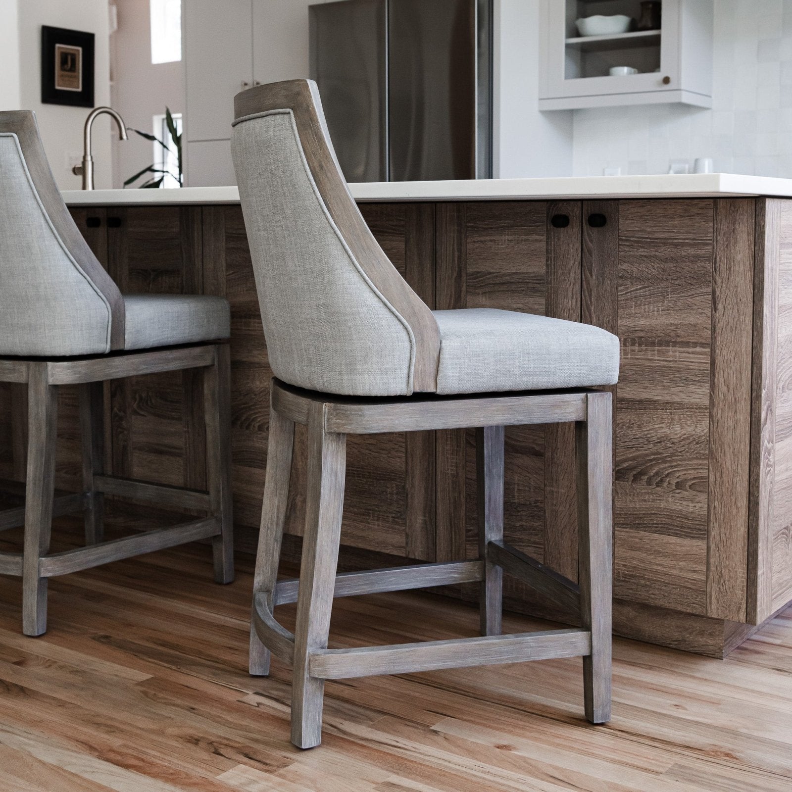 Vienna Counter Stool in Reclaimed Oak Finish with Ash Grey Fabric Upholstery in Stools by Maven Lane