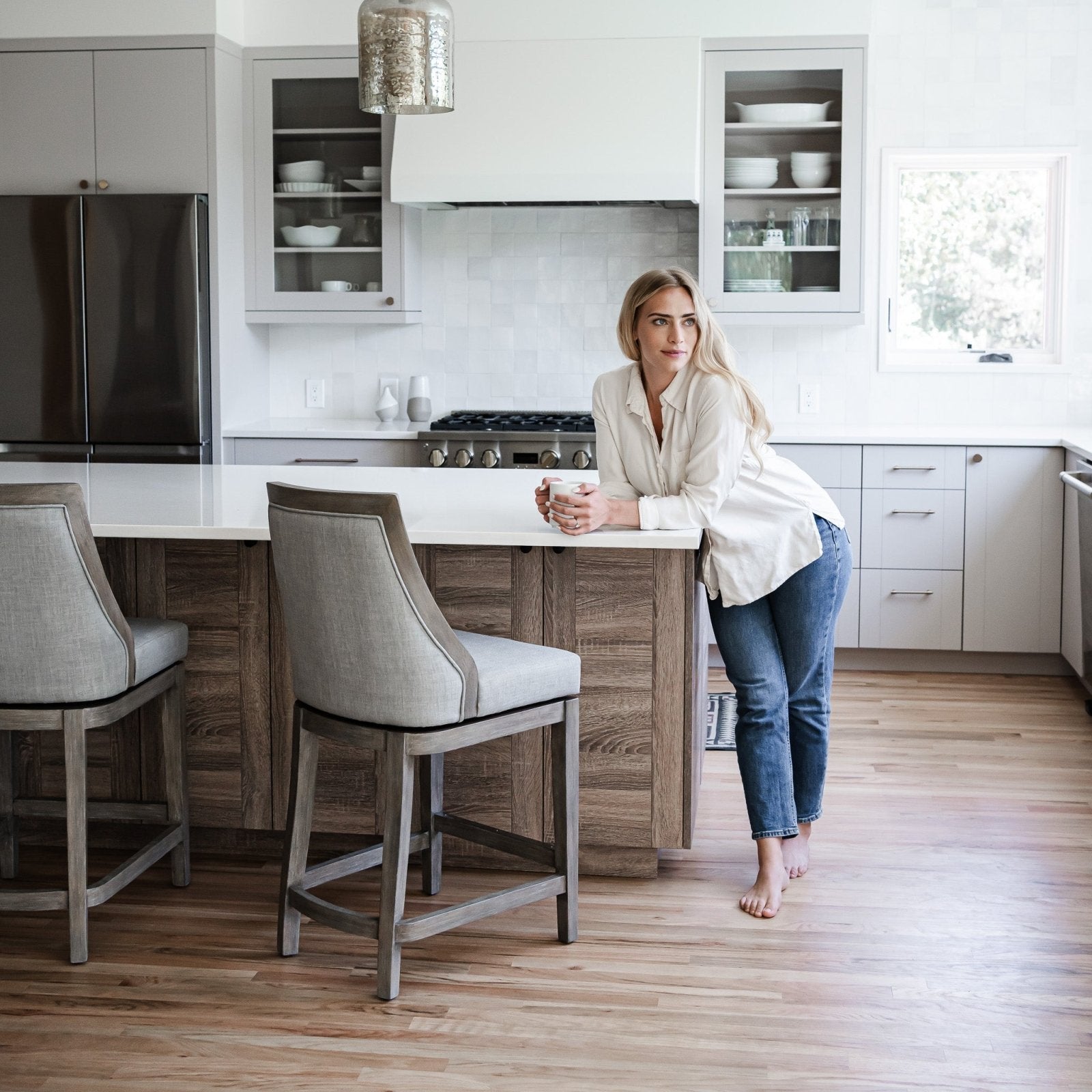 Vienna Counter Stool in Reclaimed Oak Finish with Ash Grey Fabric Upholstery in Stools by Maven Lane