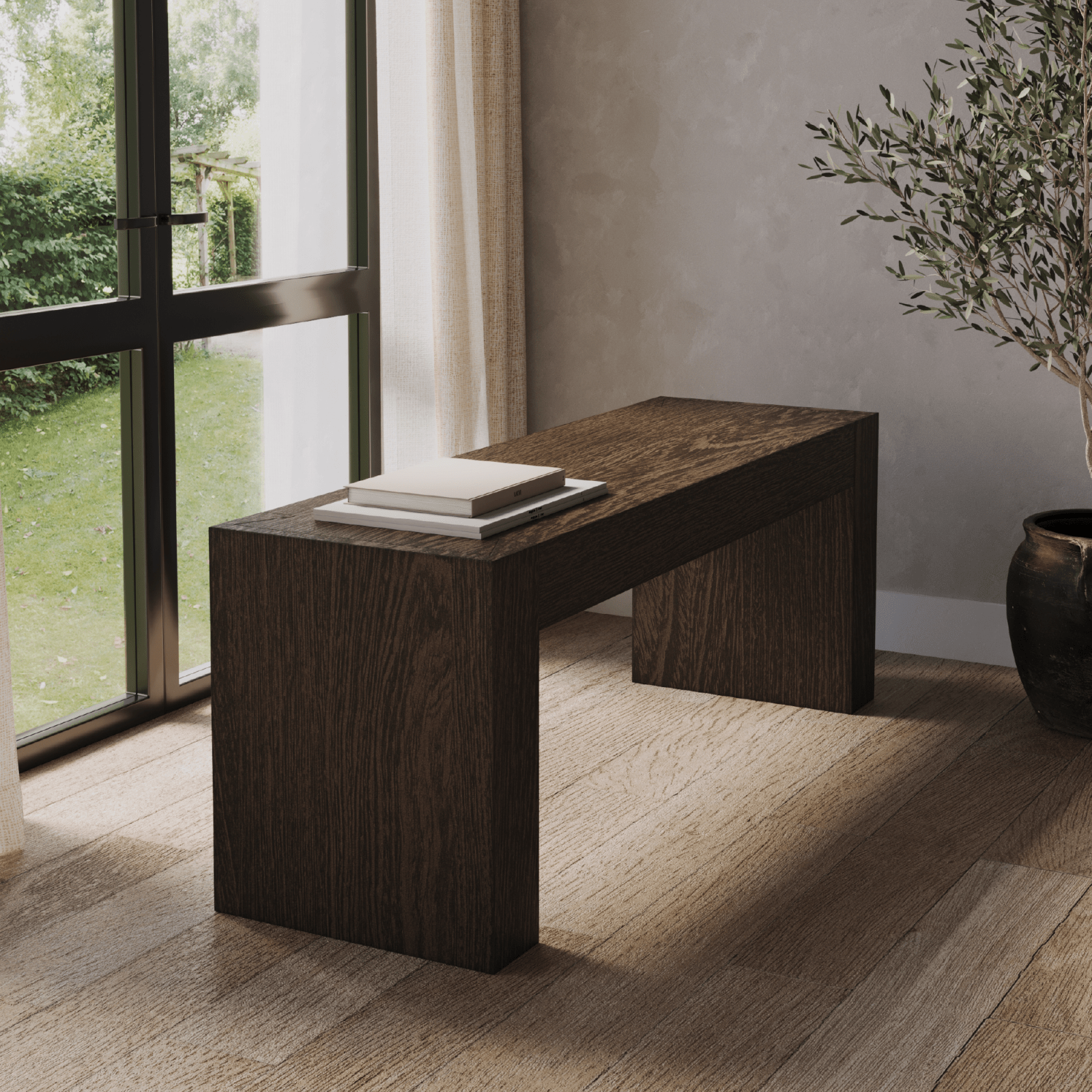 Zeno Organic Wooden Bench in Weathered Brown Finish in Bench by Maven Lane