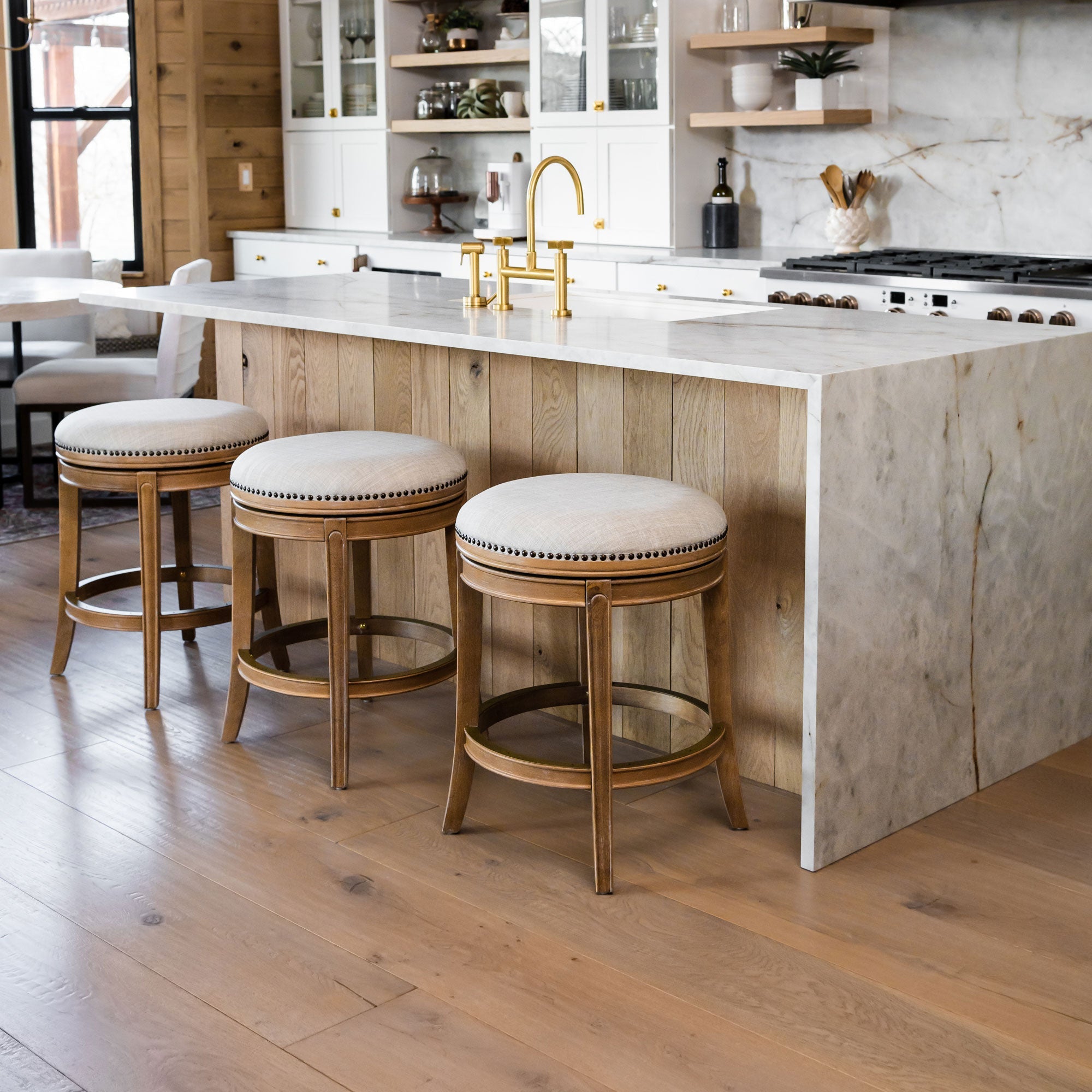 Alexander Backless Counter Stool in Weathered Oak Finish with Sand Color Fabric Upholstery