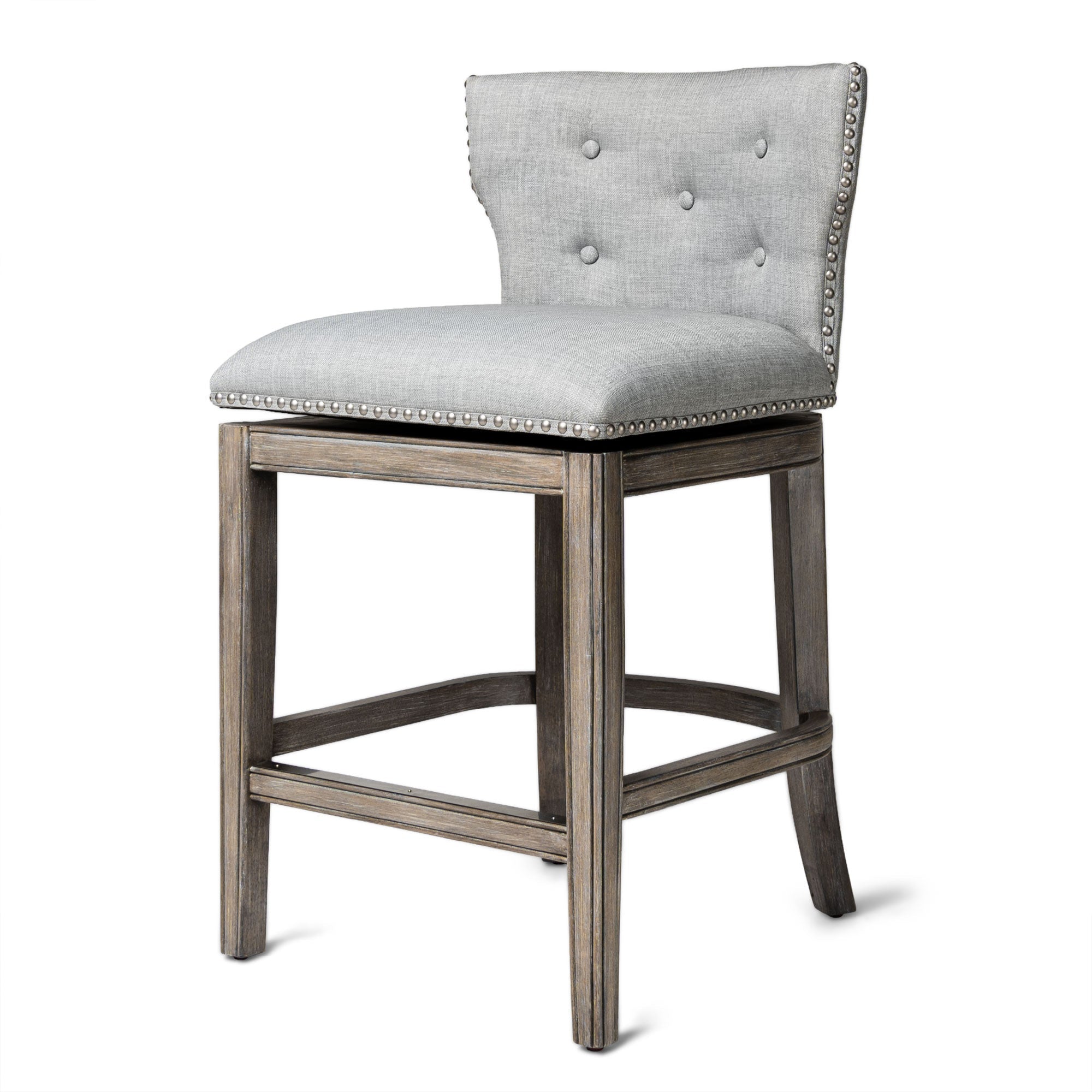 Hugo Counter Stool in Reclaimed Oak Finish with Ash Grey Fabric Upholstery in Stools by Maven Lane