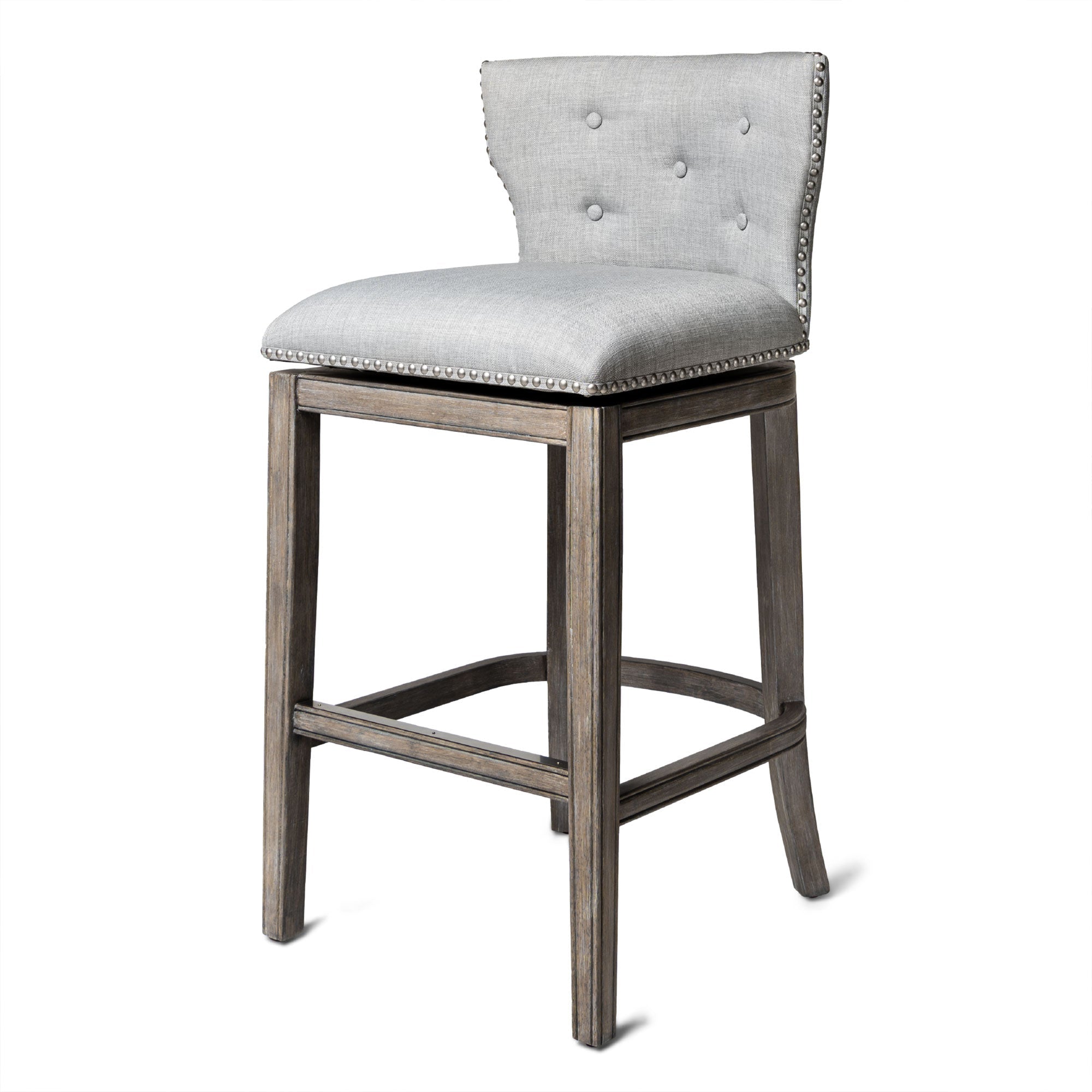 Hugo Bar Stool in Reclaimed Oak Finish with Ash Grey Fabric Upholstery in Stools by Maven Lane