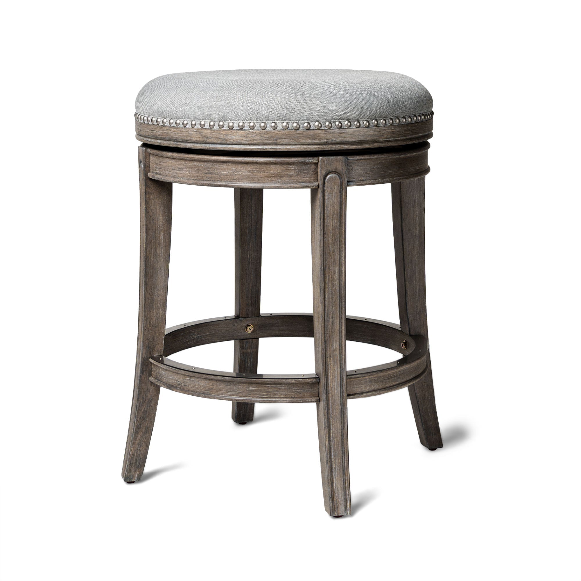 Alexander Backless Counter Stool in Reclaimed Oak Finish with Ash Grey Fabric Upholstery in Stools by Maven Lane