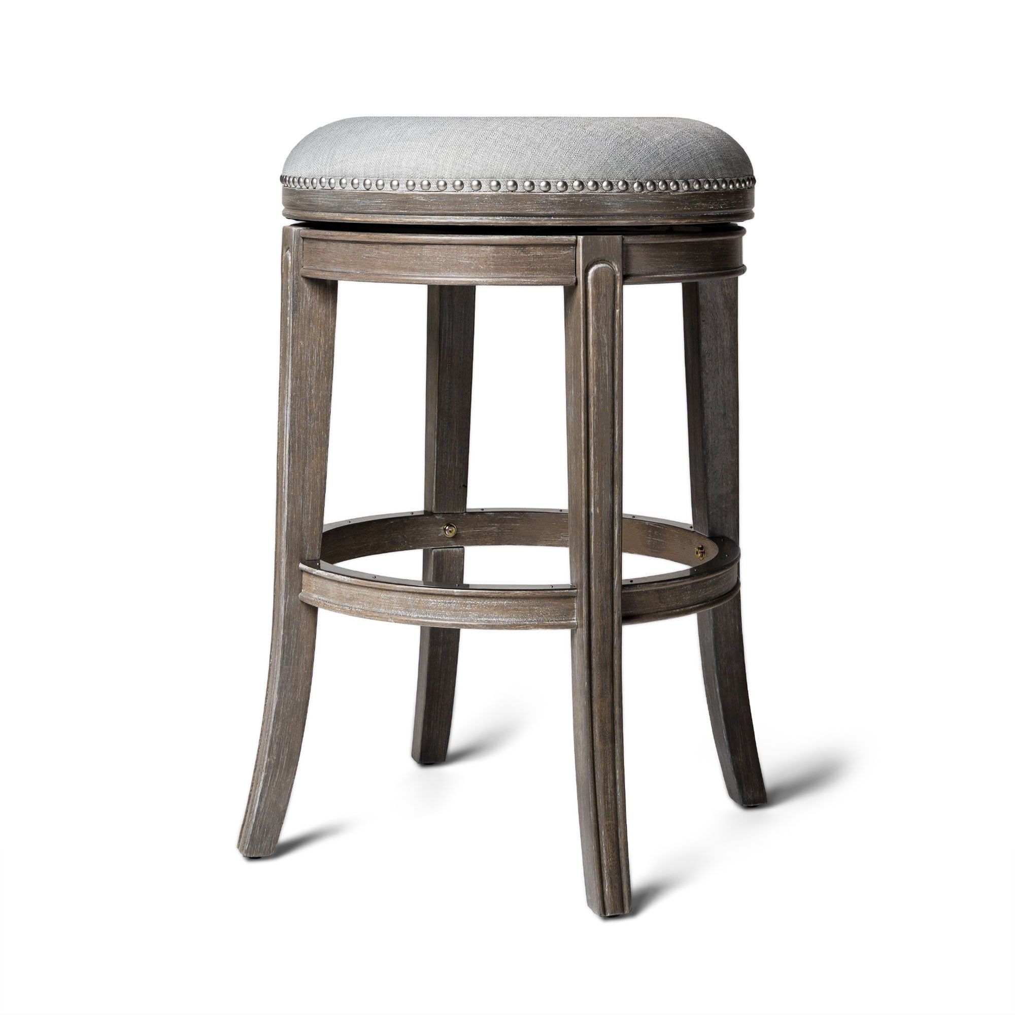 Alexander Backless Bar Stool in Reclaimed Oak Finish with Ash Grey Fabric Upholstery in Stools by Maven Lane