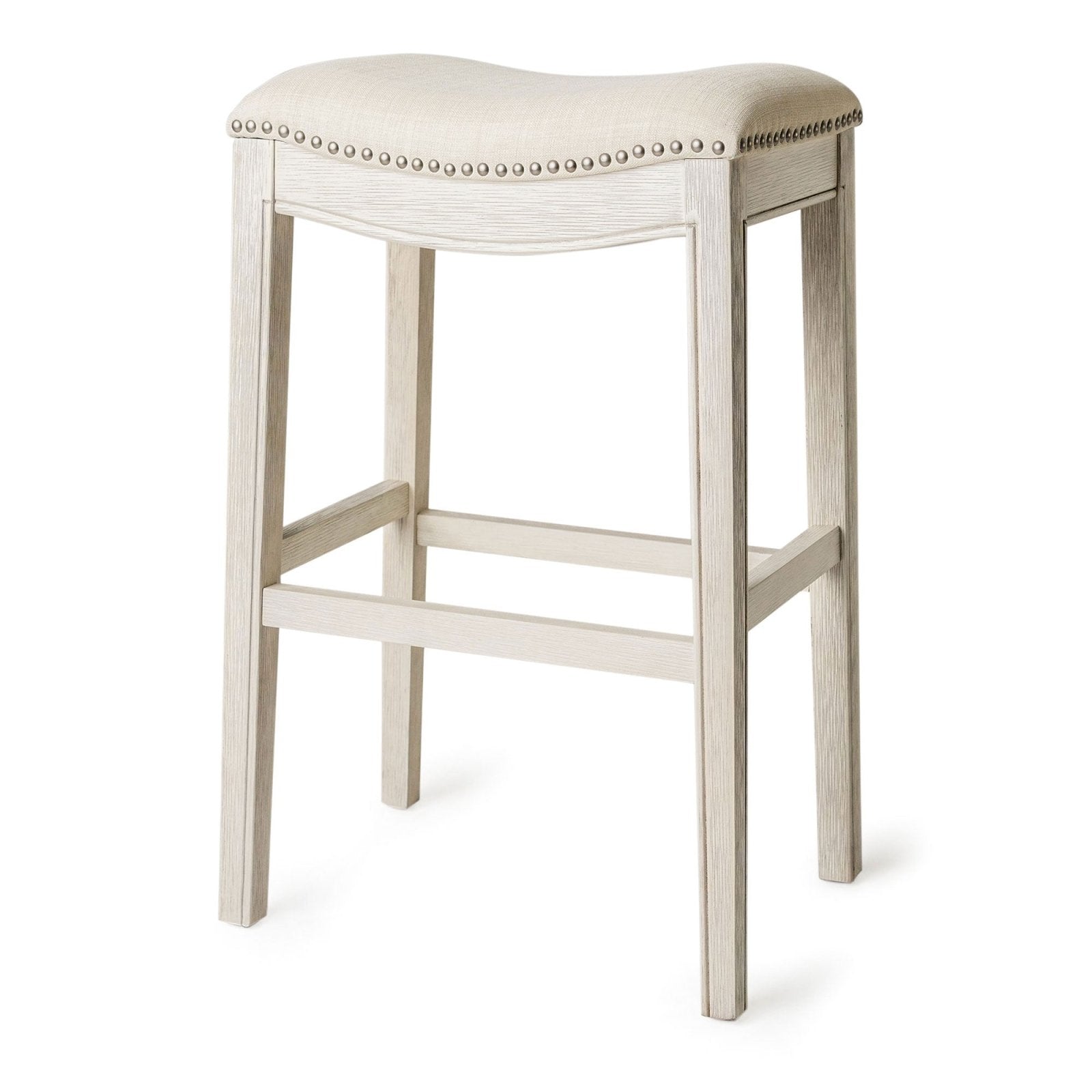 Adrien Saddle Bar Stool in White Oak Finish with Natural Fabric Upholstery in Stools by Maven Lane