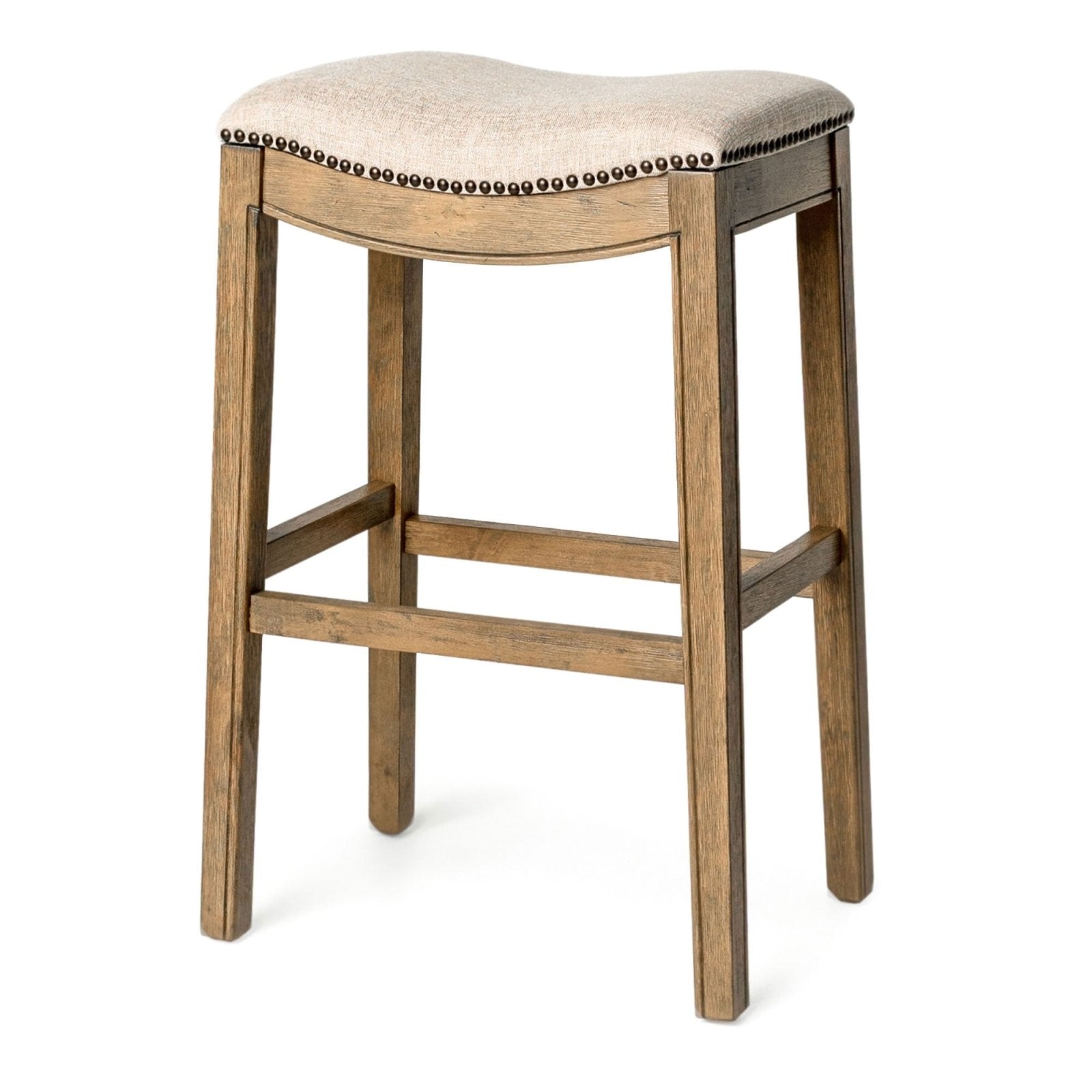 Adrien Saddle Bar Stool in Natural Wood Finish with Wheat Fabric Upholstery in Stools by Maven Lane
