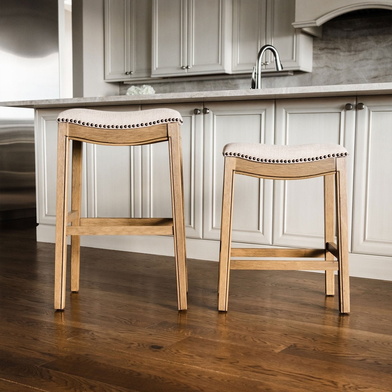 Adrien Saddle Bar Stool in Natural Wood Finish with Wheat Fabric Upholstery