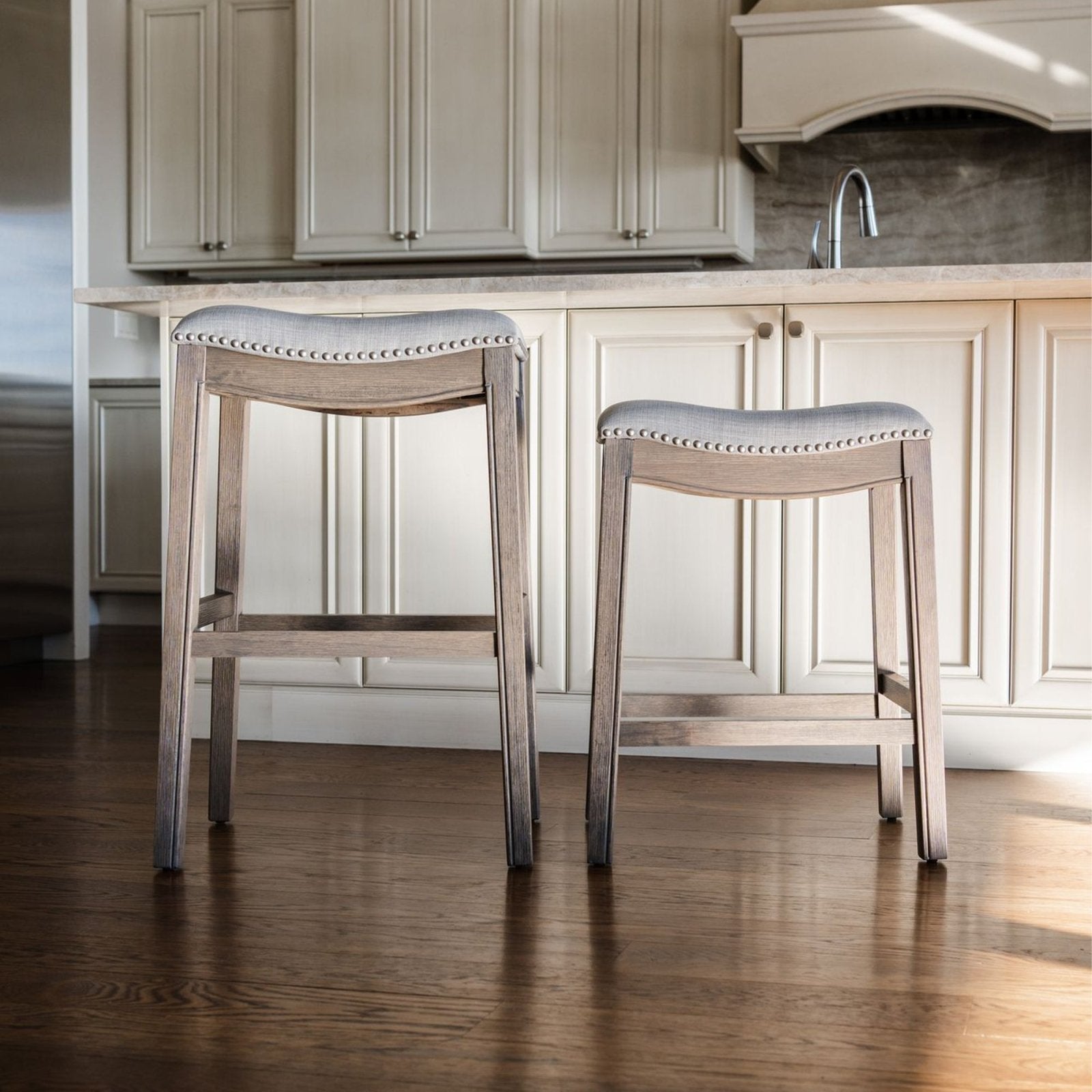 Adrien Saddle Bar Stool in Reclaimed Oak Finish with Ash Grey Fabric Upholstery