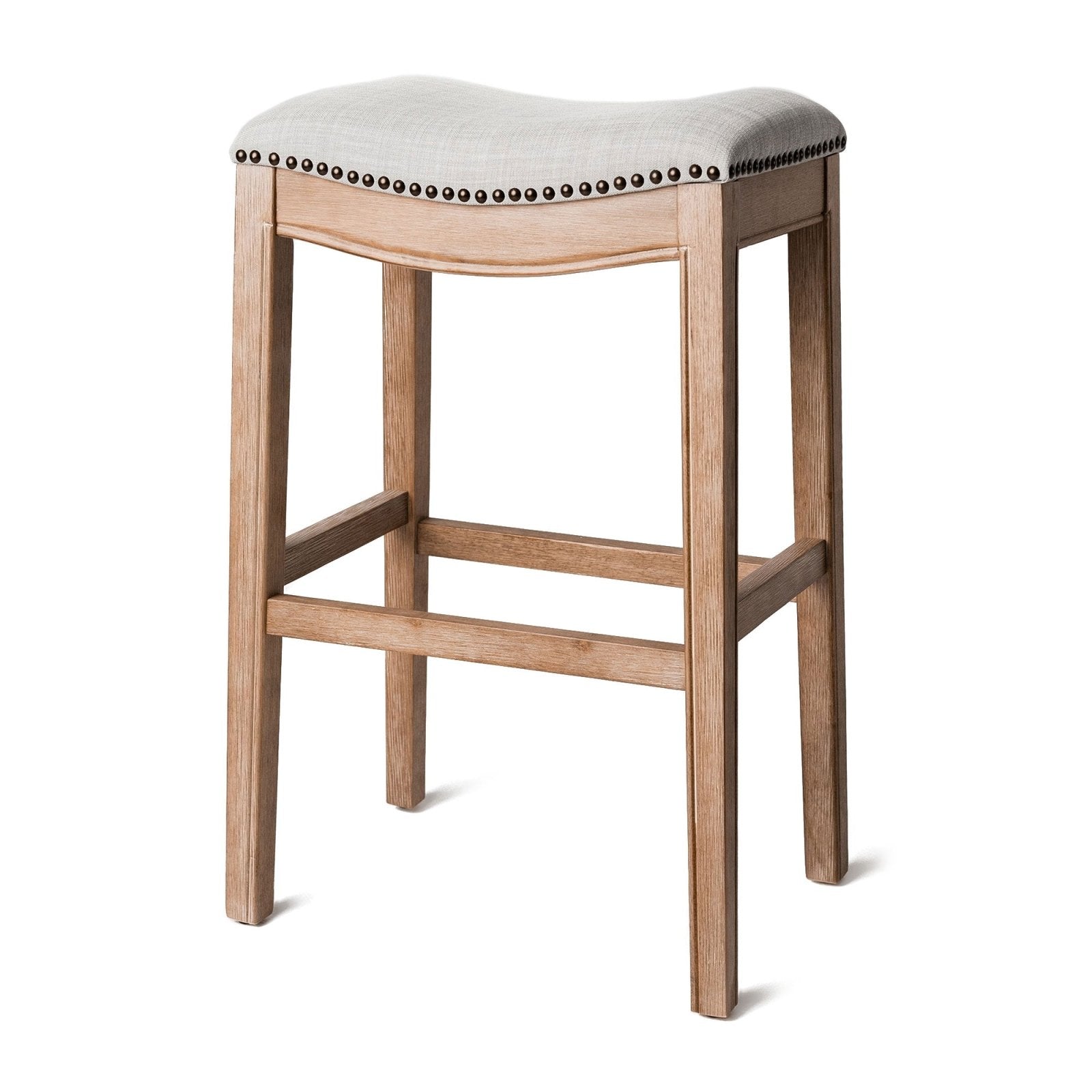 Adrien Saddle Bar Stool in Weathered Oak Finish with Sand Color Fabric Upholstery in Stools by Maven Lane