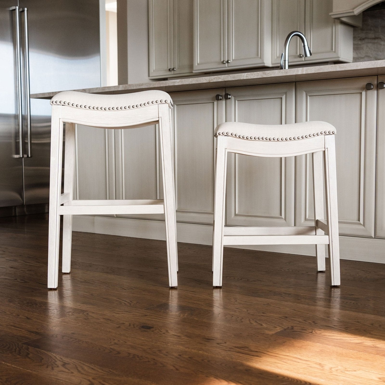 Adrien Saddle Counter Stool in White Oak Finish with Natural Fabric Upholstery