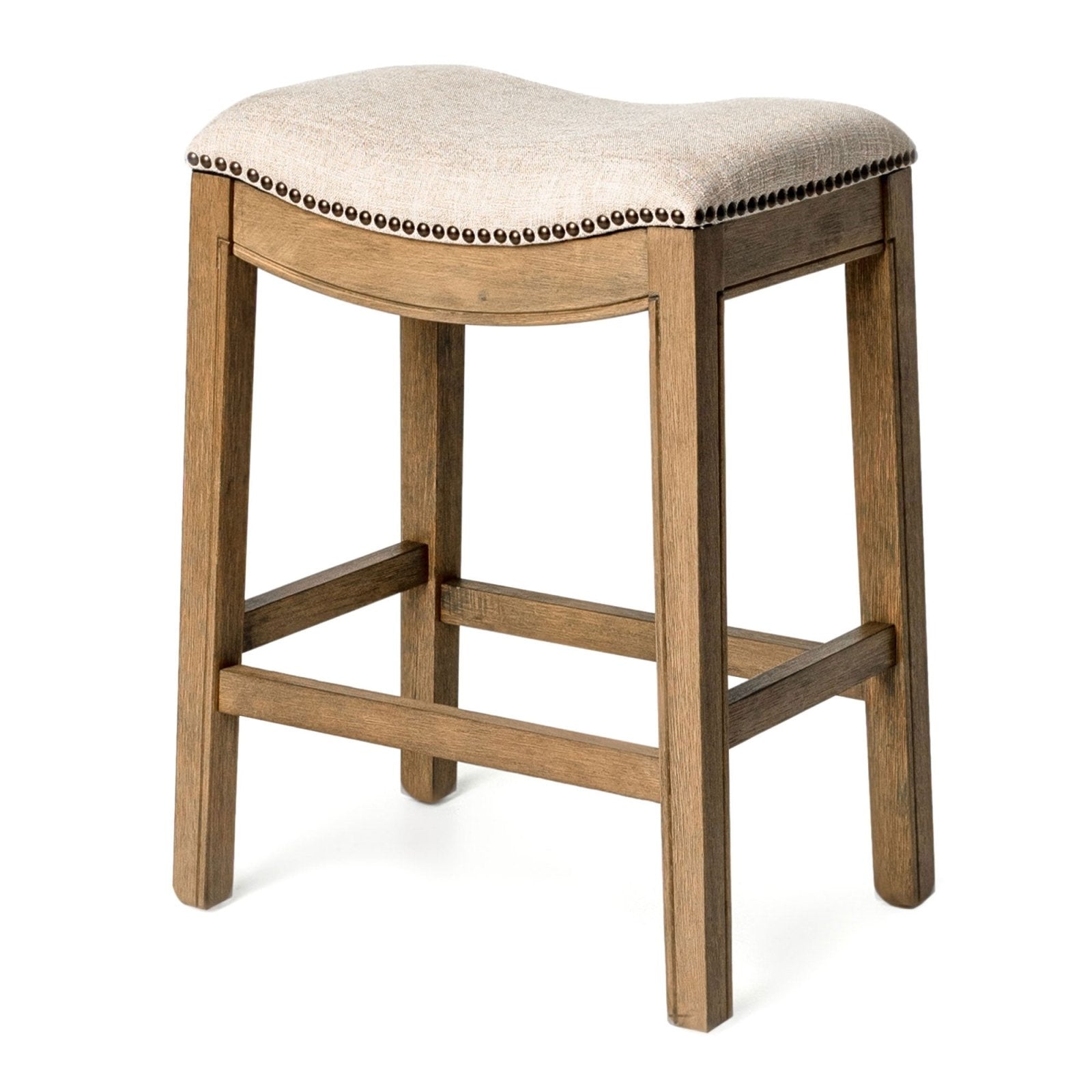 Adrien Saddle Counter Stool in Natural Wood Finish with Wheat Fabric Upholstery in Stools by Maven Lane
