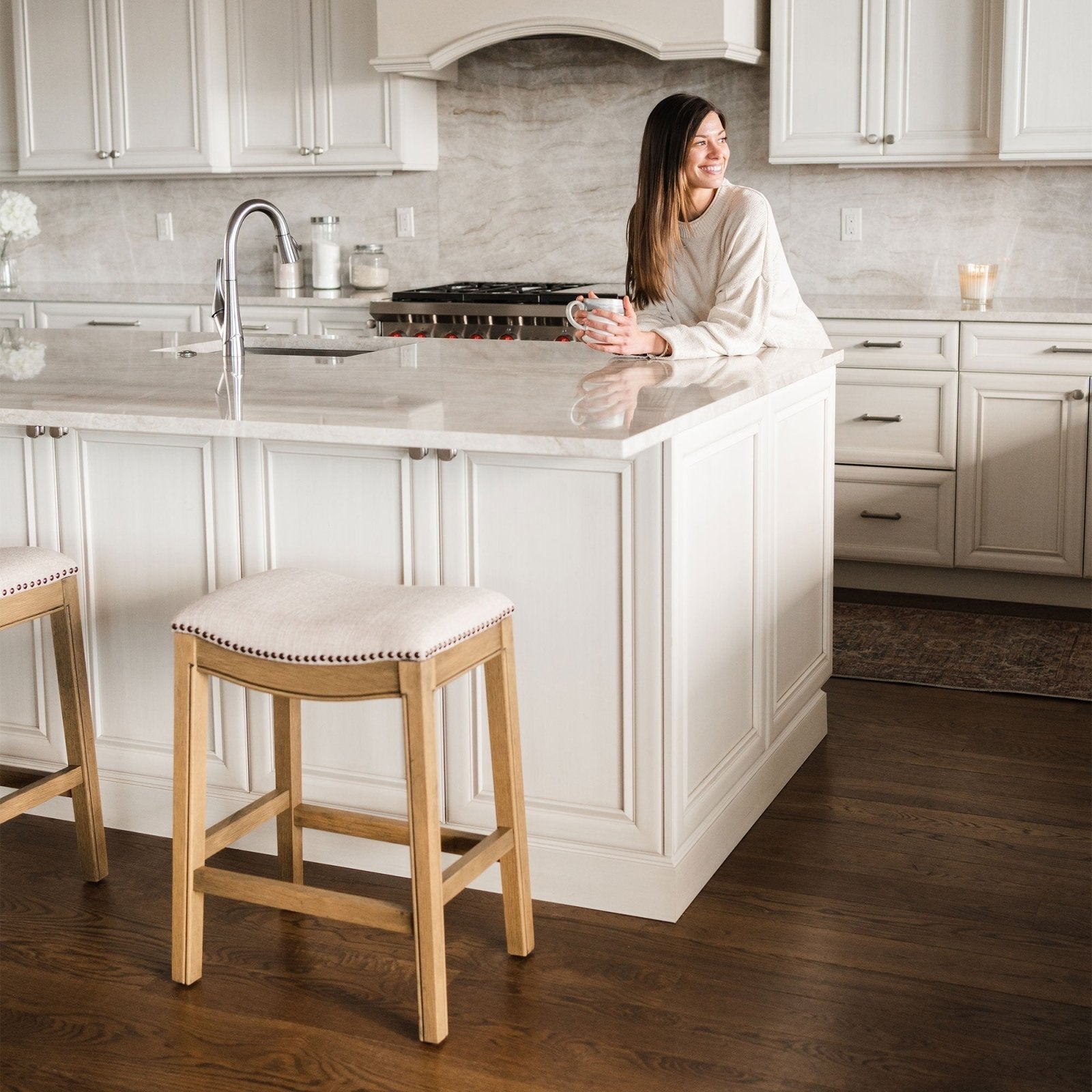 Adrien Saddle Counter Stool in Natural Wood Finish with Wheat Fabric Upholstery in Stools by Maven Lane