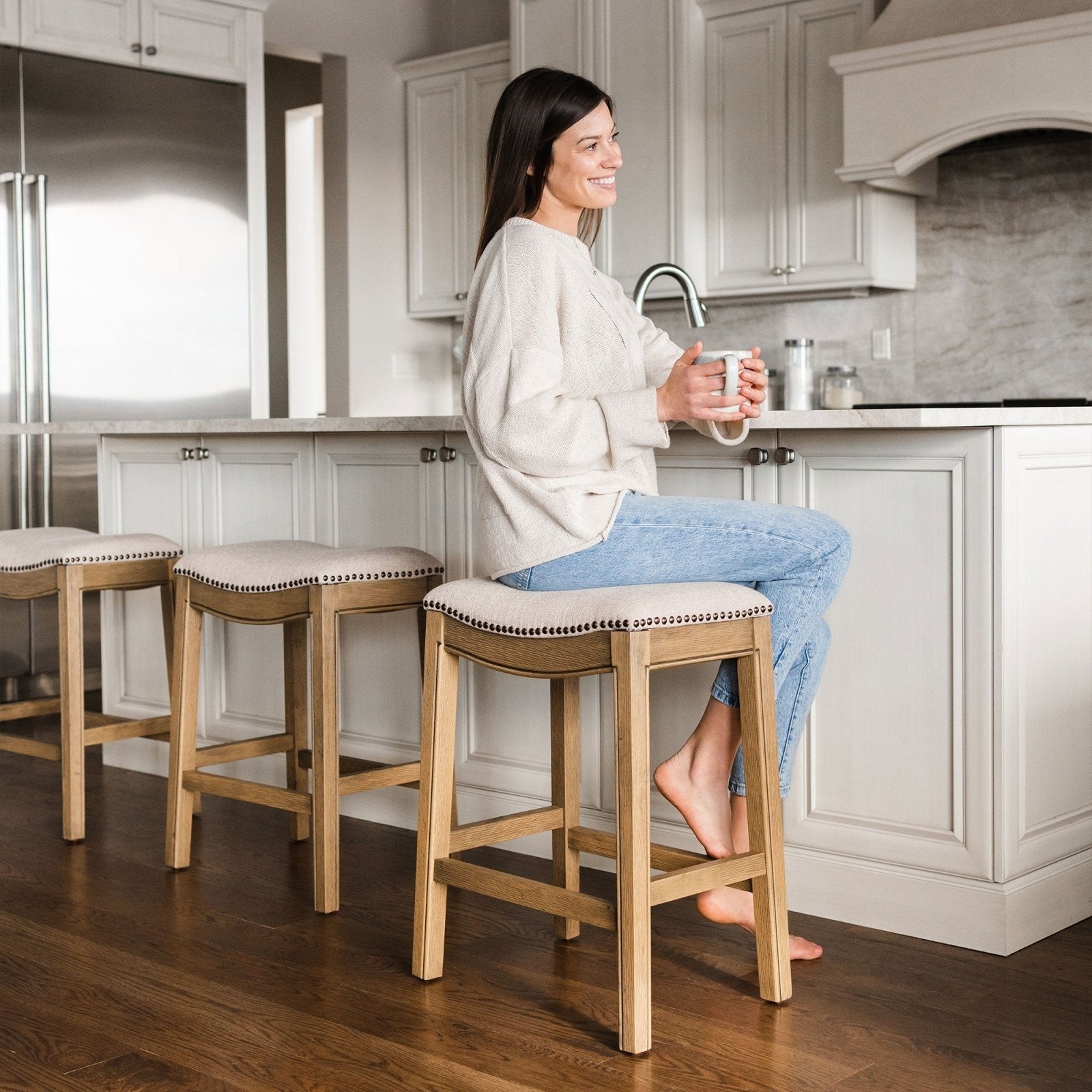 Adrien Saddle Counter Stool in Natural Wood Finish with Wheat Fabric Upholstery