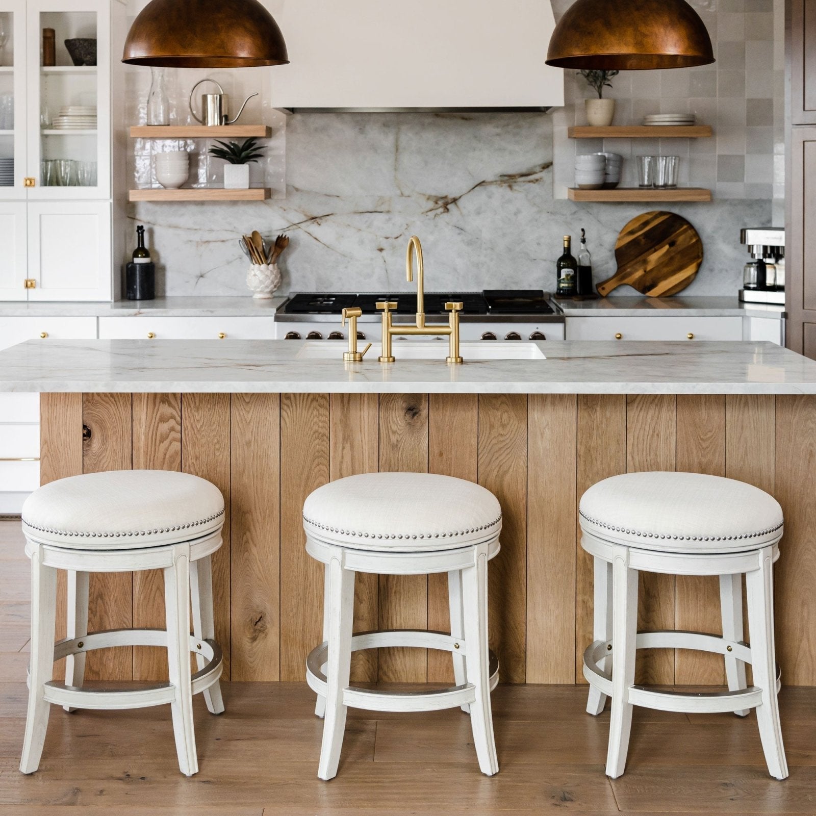 White kitchen with online bar stools