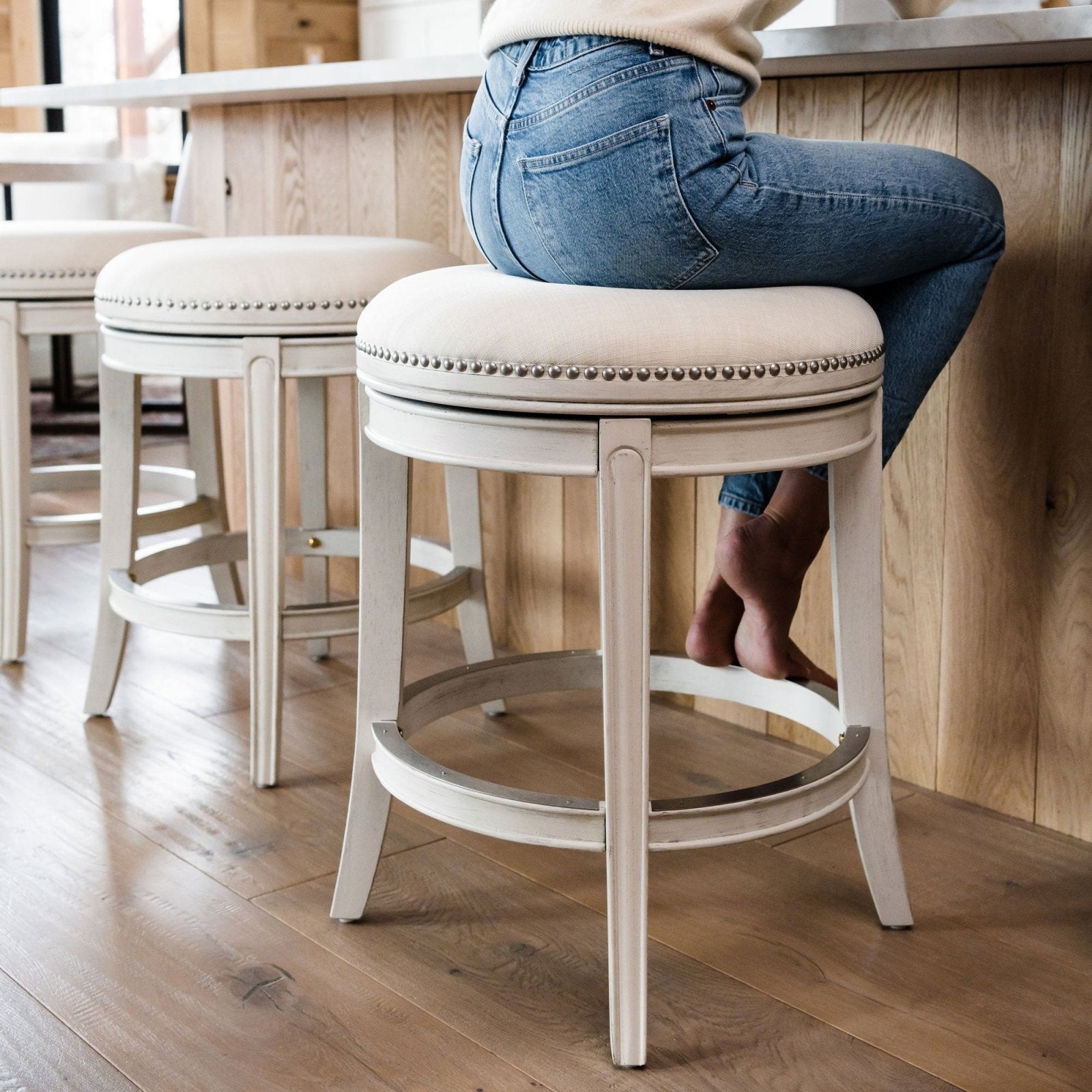 Alexander Backless Bar Stool in White Oak Finish with Natural Color Fabric Upholstery