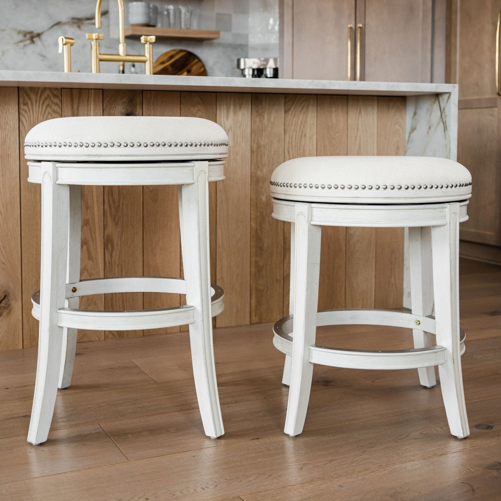 Alexander Backless Bar Stool in White Oak Finish with Natural Color Fabric Upholstery