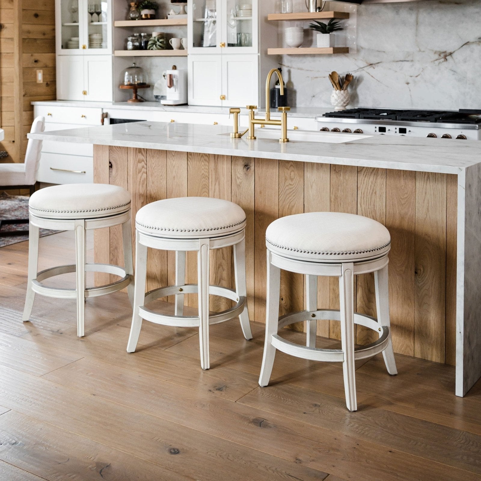 Alexander Backless Bar Stool in White Oak Finish with Natural Color Fabric Upholstery