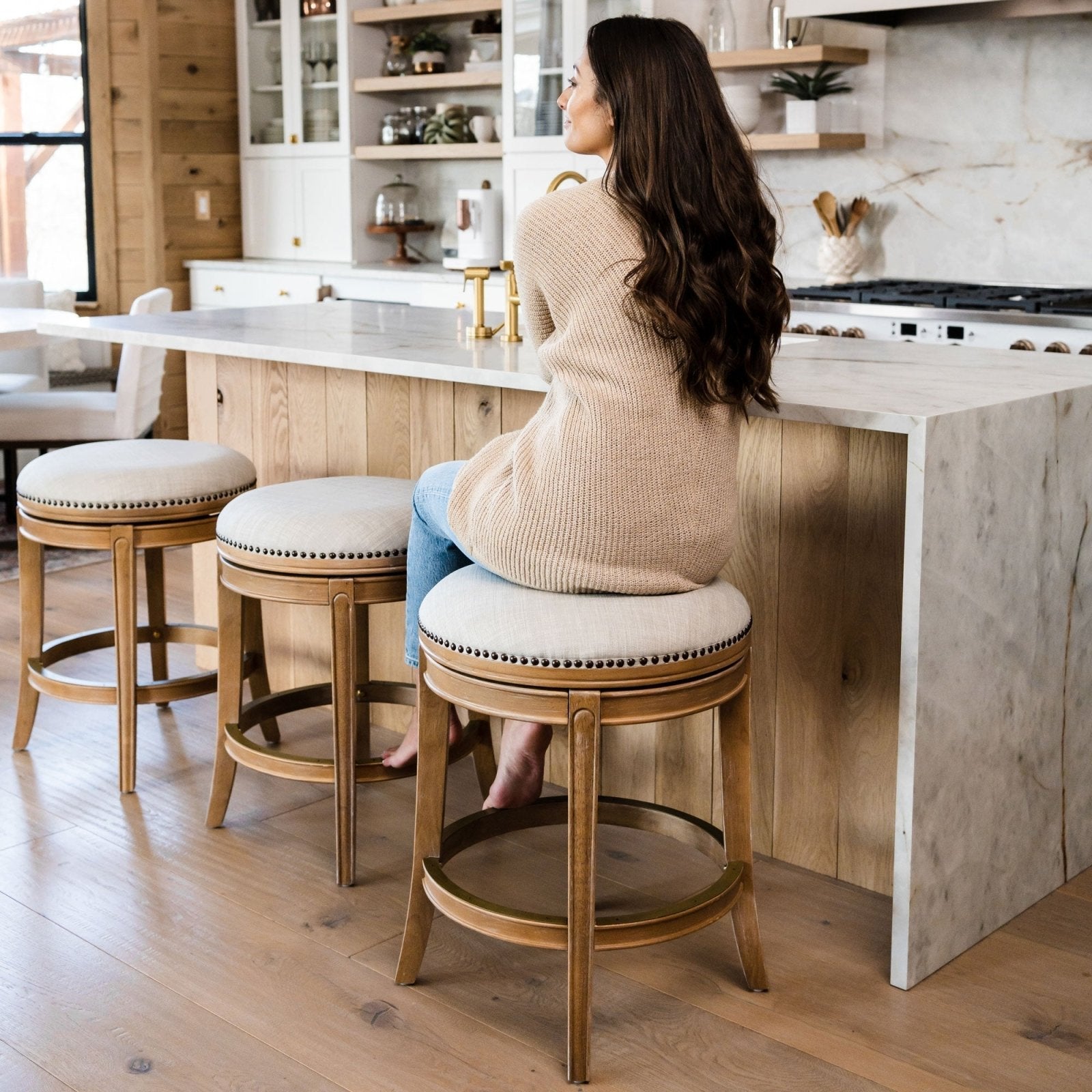 Alexander Backless Bar Stool in Weathered Oak Finish with Sand Color Fabric Upholstery in Stools by Maven Lane