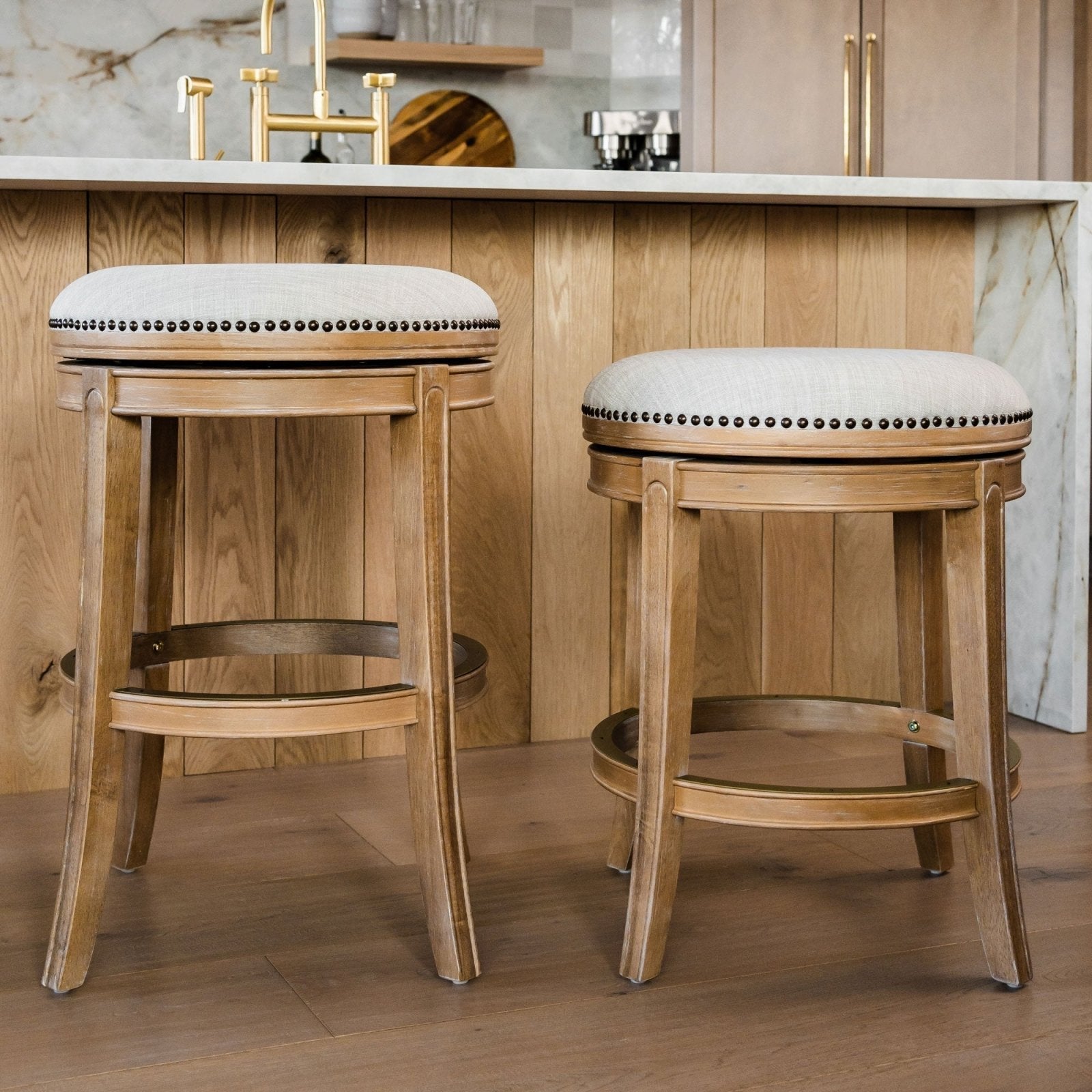 Alexander Backless Counter Stool in Weathered Oak Finish with Sand Color Fabric Upholstery in Stools by Maven Lane